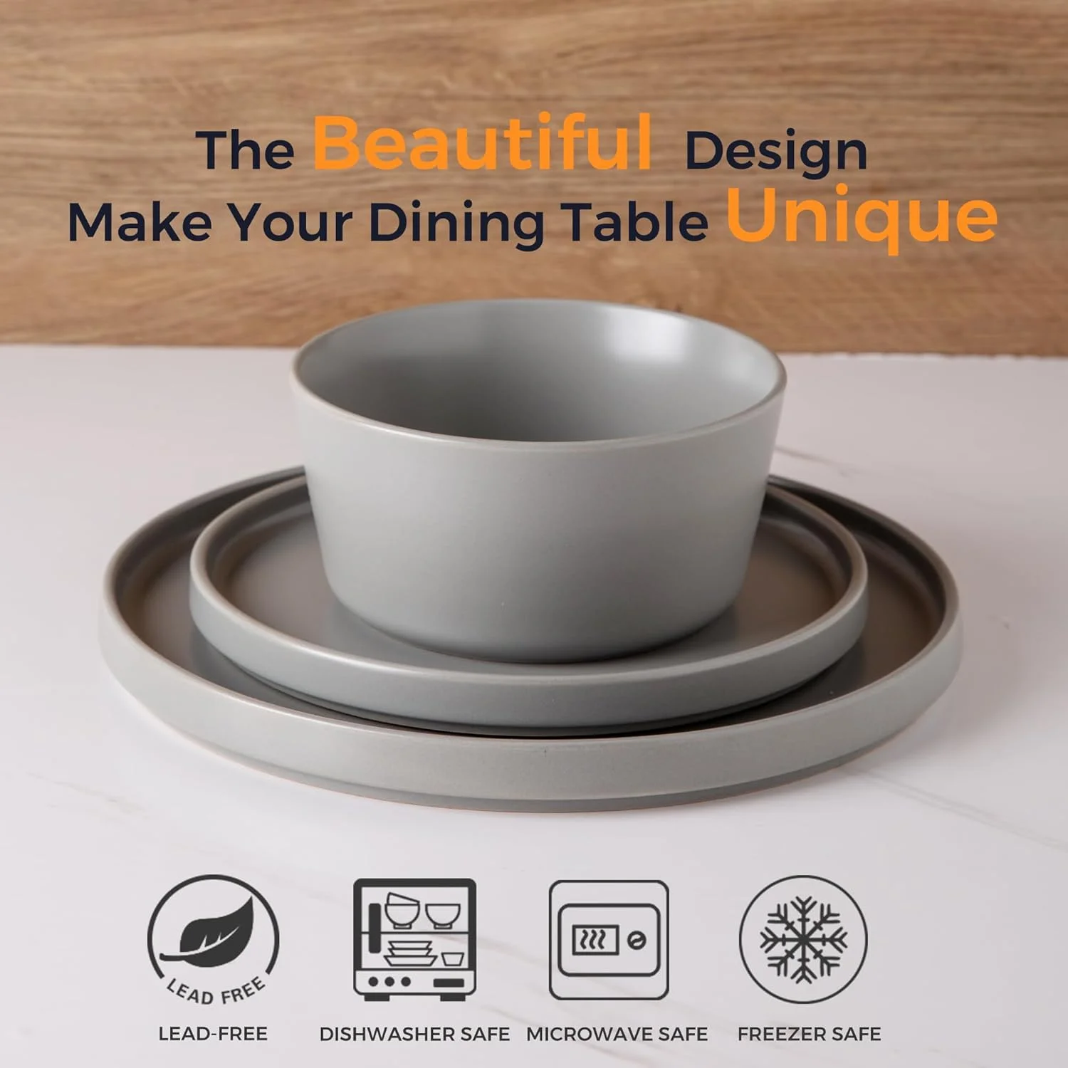 AmorArc Ceramic Dinnerware Sets for 4, Modern Flat Stoneware Plates and Bowls Sets,Chip and Crack Resistant | Dishwasher & Microwave Safe Dishes Set,Scratch Resistant- Service for 4 (12pc)-Matte Gray