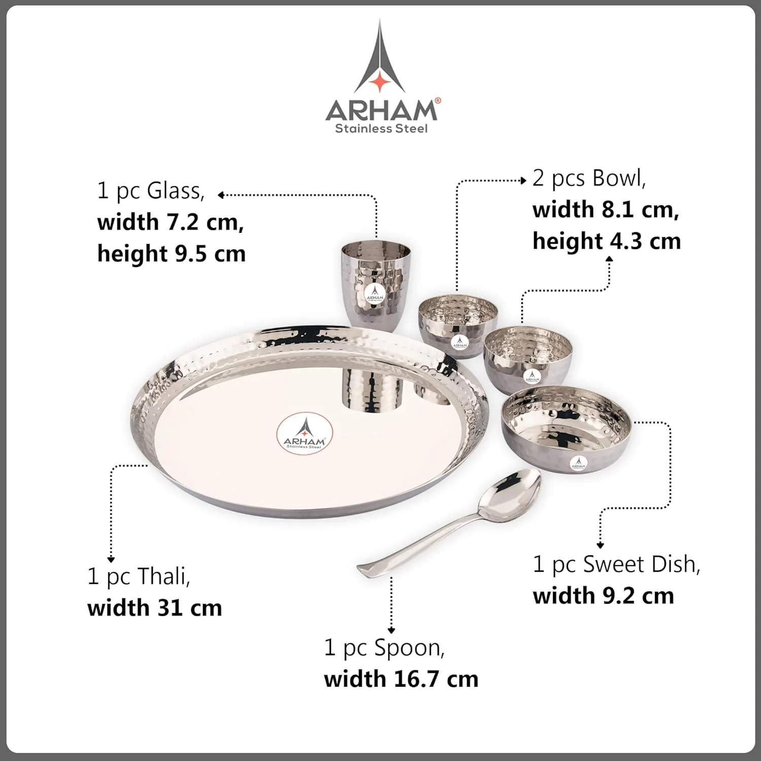 ست غذاخوری استیل آرهام | 6 پارچه (1 ست) | ست غذاخوری ممتاز برای هدیه | ظروف غذاخوری چکش کاری شده | بادوام و سنگین وزن | درجه مواد غذایی، ضد زنگ، قابل شستشو در ماشین ظرفشویی، قوی و ماندگار