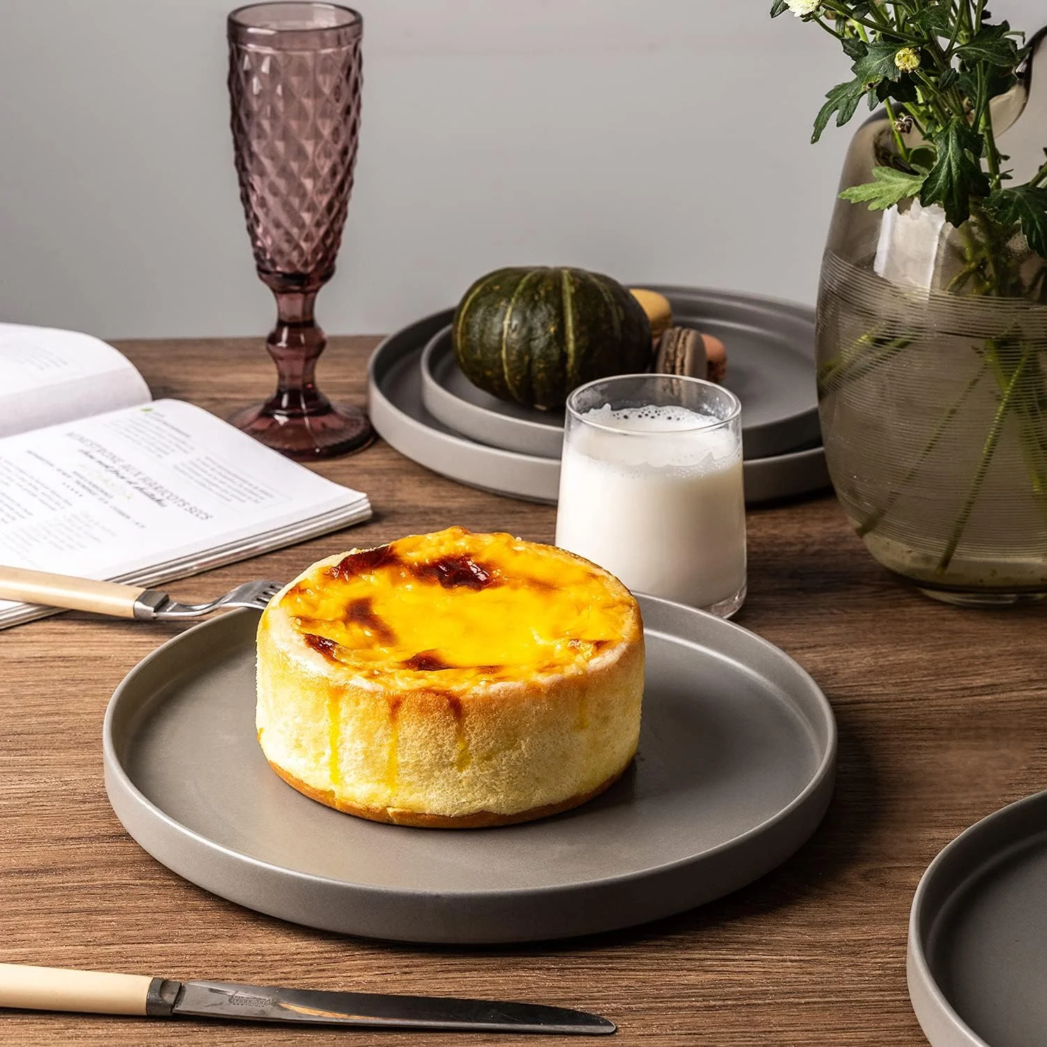 AmorArc Ceramic Dinnerware Sets for 4, Modern Flat Stoneware Plates and Bowls Sets,Chip and Crack Resistant | Dishwasher & Microwave Safe Dishes Set,Scratch Resistant- Service for 4 (12pc)-Matte Gray