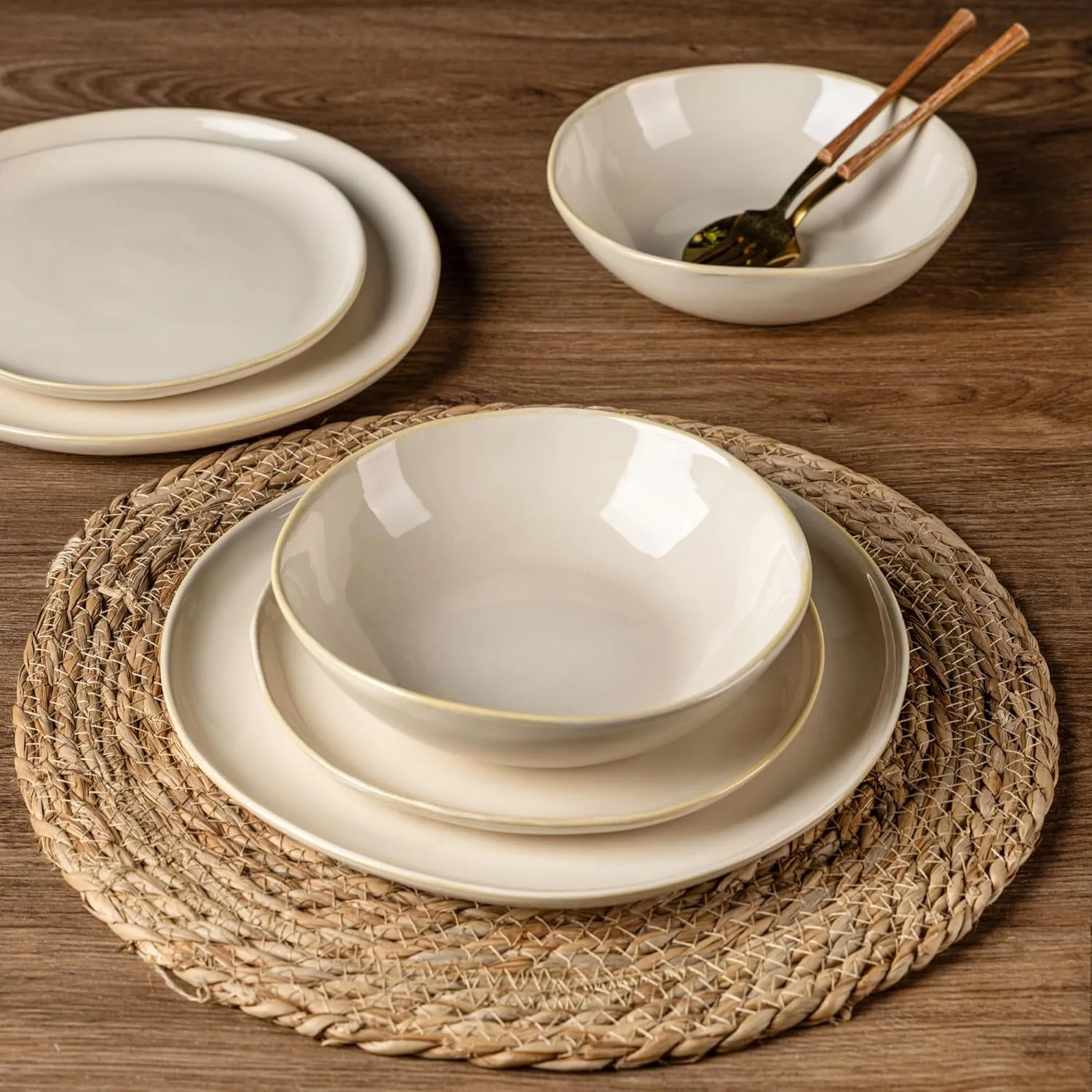 سرویس ظروف غذاخوری سرامیکی AmorArc، ست بشقاب و کاسه سنگی با لعاب واکنشگر دست ساز، بسیار مقاوم در برابر لب پر شدن و ترک خوردگی | قابل شستشو در ماشین ظرفشویی و استفاده در مایکروویو، مناسب برای 6 نفر (18 پارچه)