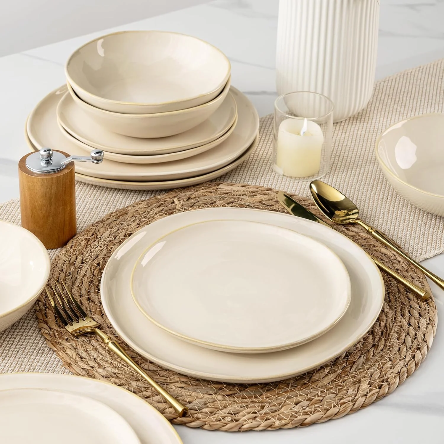 سرویس ظروف غذاخوری سرامیکی AmorArc، ست بشقاب و کاسه سنگی با لعاب واکنشگر دست ساز، بسیار مقاوم در برابر لب پر شدن و ترک خوردگی | قابل شستشو در ماشین ظرفشویی و استفاده در مایکروویو، مناسب برای 6 نفر (18 پارچه)