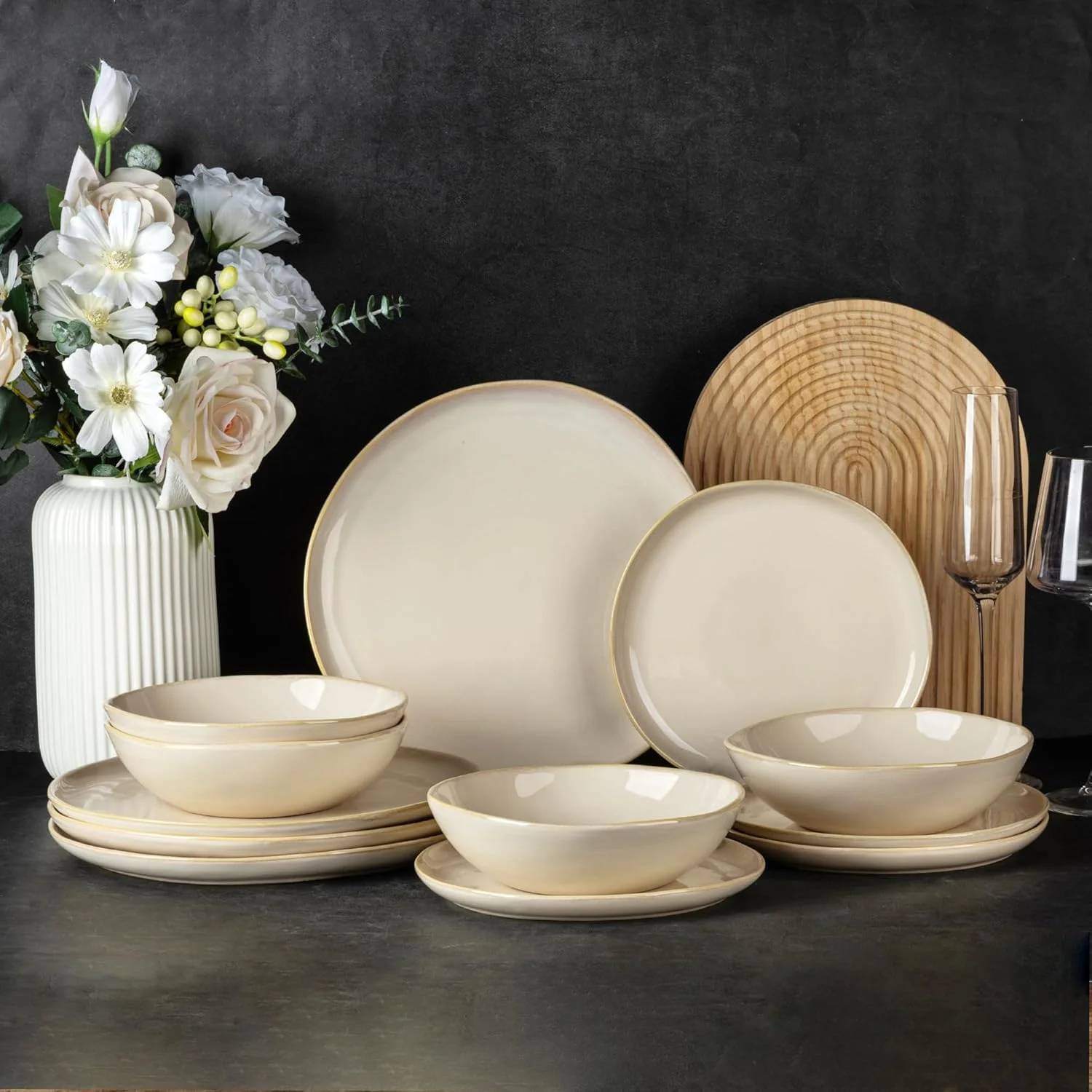 سرویس ظروف غذاخوری سرامیکی AmorArc، ست بشقاب و کاسه سنگی با لعاب واکنشگر دست ساز، بسیار مقاوم در برابر لب پر شدن و ترک خوردگی | قابل شستشو در ماشین ظرفشویی و استفاده در مایکروویو، مناسب برای 6 نفر (18 پارچه)