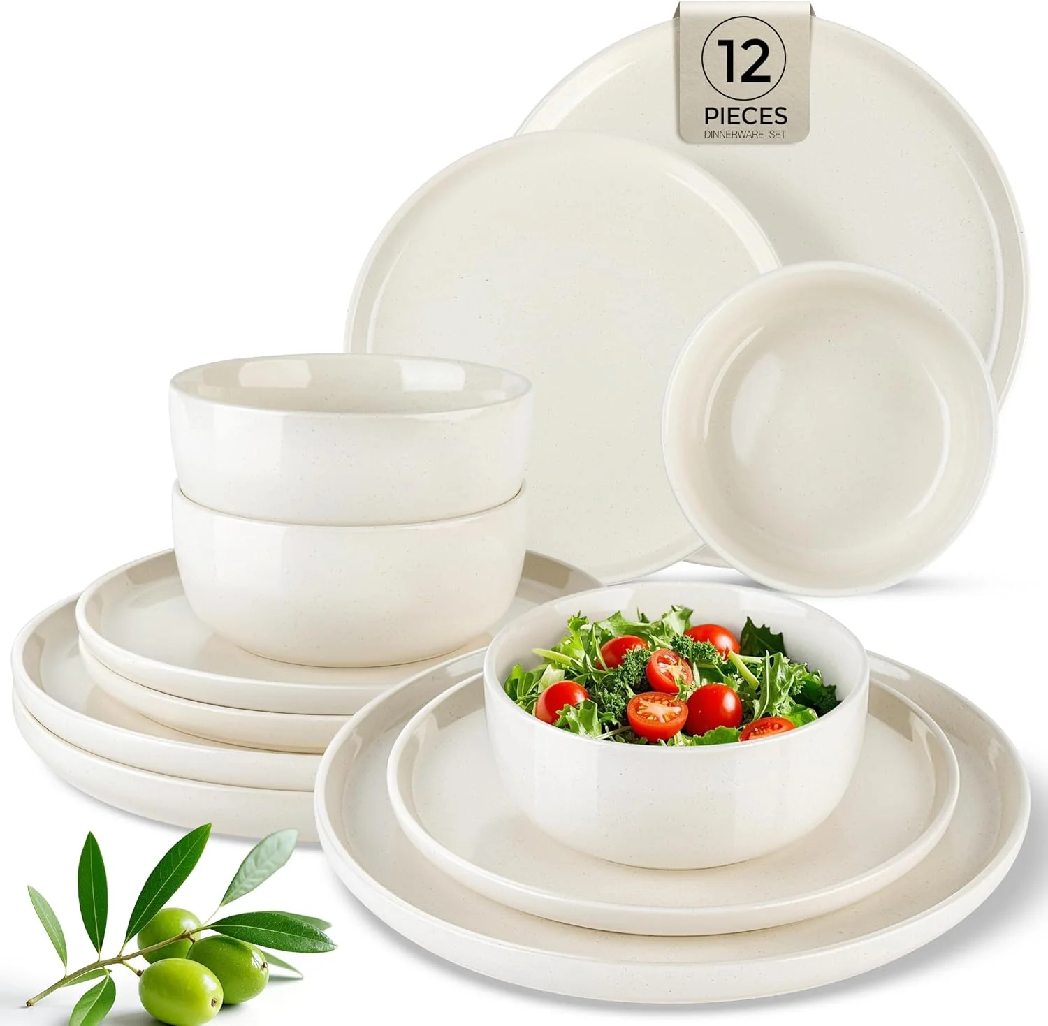 سرویس غذاخوری AmorArc برای 4 نفر، مجموعه 12 تکه بشقاب و کاسه سرامیکی، مجموعه بشقاب سنگی خالدار دست ساز، مجموعه ظروف قابل شستشو در ماشین ظرفشویی و مایکروویو (بژ روشن، مناسب برای 4 نفر)