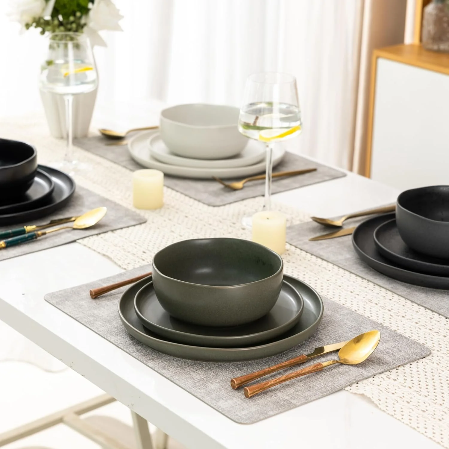 سرویس ظروف غذاخوری سرامیکی AmorArc، بشقاب و کاسه های سنگی با لبه موج دار، بسیار مقاوم در برابر لب پر شدن و ترک خوردگی | قابل شستشو در ماشین ظرفشویی و استفاده در مایکروویو، مناسب برای 4 نفر (12 تکه) - رنگ ترکیبی، ADW005