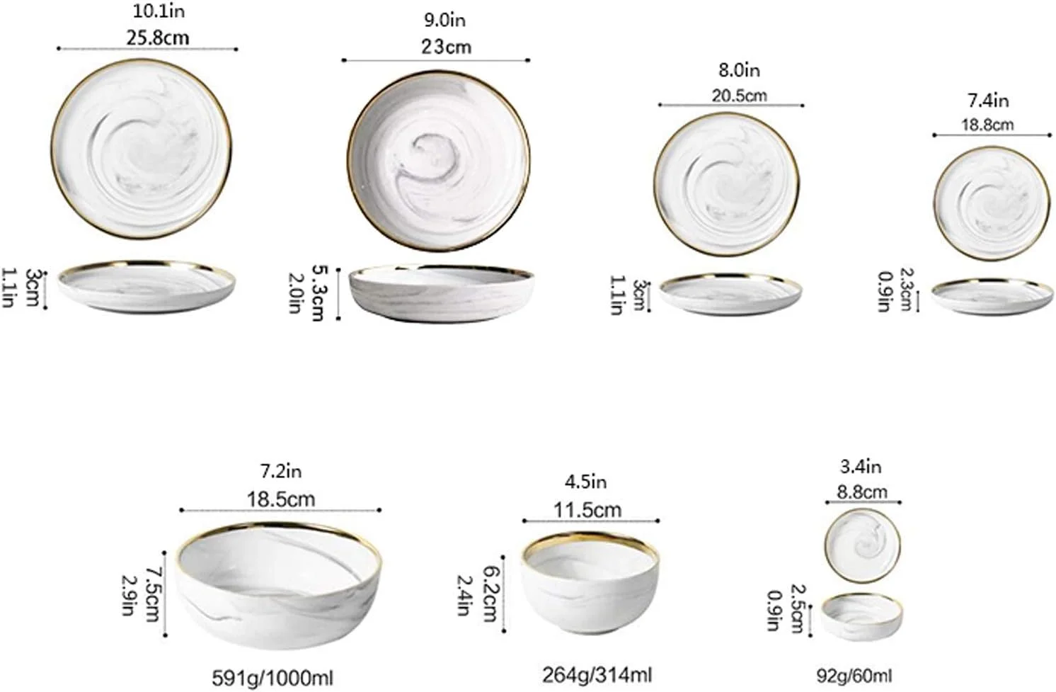 ست ظروف غذاخوری ۷ پارچه آشپزخانه، ست بشقاب های مرمری لبه طلایی، ست بشقاب های سرامیکی گرد، بشقاب، کاسه و بشقاب سس، مناسب برای ۲ نفر