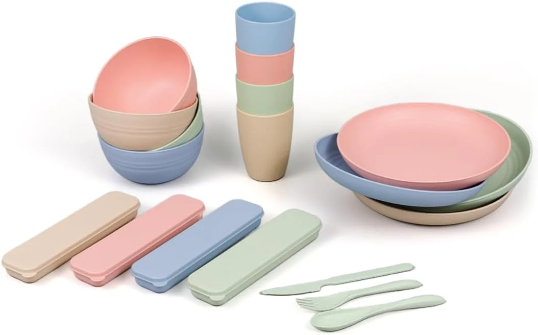 ست غذاخوری 28 پارچه برام، لوازم جانبی میز غذاخوری کاه گندم، محصولات آشپزخانه سالم، بشقاب و کاسه، کارد و چنگال با جعبه مسافرتی، ایمن در مایکروویو و بدون BPA، ظروف غذاخوری برای استفاده روزانه