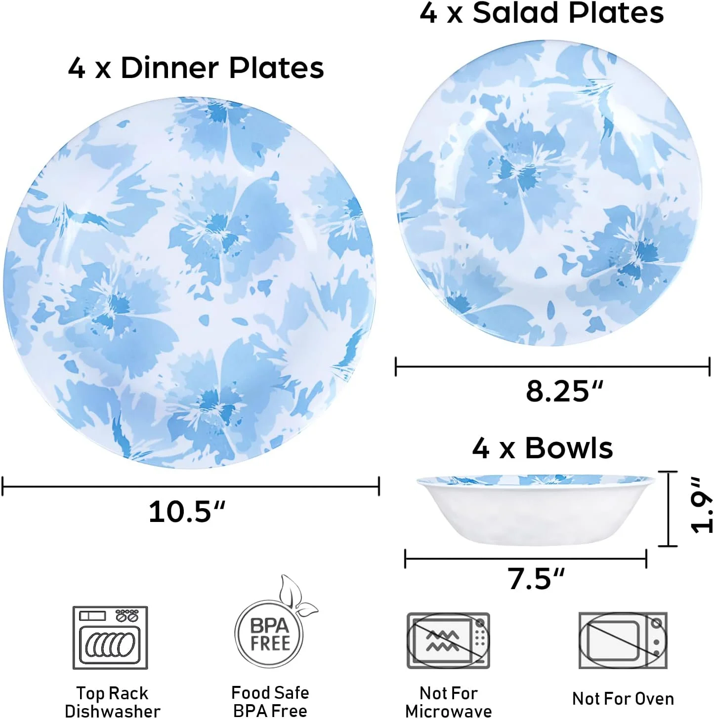 سرویس ظروف غذاخوری 12 پارچه ملامین Aclema، شامل بشقاب و کاسه، نشکن، مناسب آشپزخانه، غذاخوری، فضای باز و داخل خانه، سرویس 4 نفره، طرح گل یخی