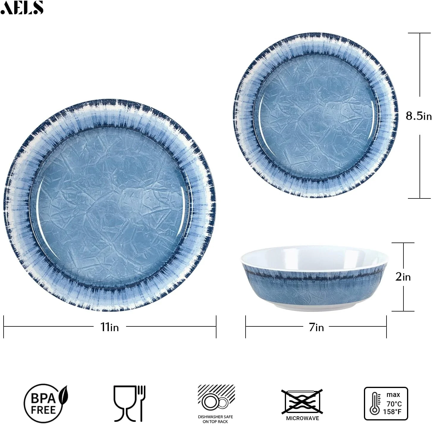 سرویس ظروف غذاخوری ملامین AELS شامل 12 تکه، مناسب استفاده در فضای داخلی و خارجی، قابل شستشو در ماشین ظرفشویی، سبک و نشکن، آبی سرمه ای
