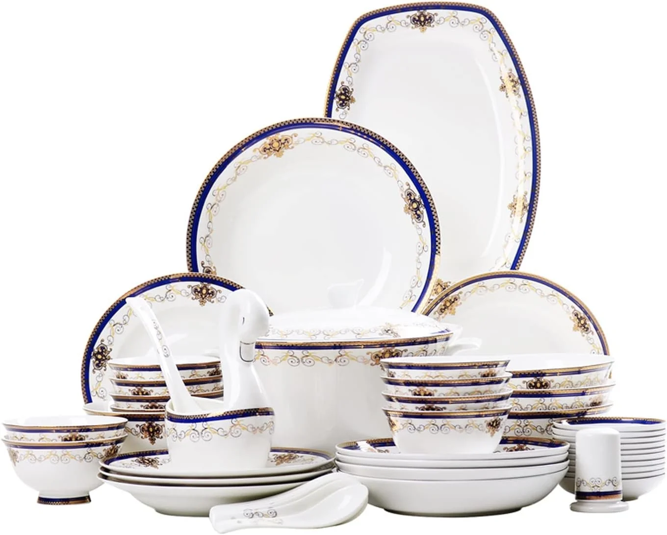 سرویس ظروف غذاخوری 60 پارچه آشپزخانه، ست بشقاب و کاسه چینی استخوانی به سبک مجلل درباری با جعبه هدیه، ست بشقاب سرامیکی قابل استفاده در مایکروویو برای هدیه عروسی