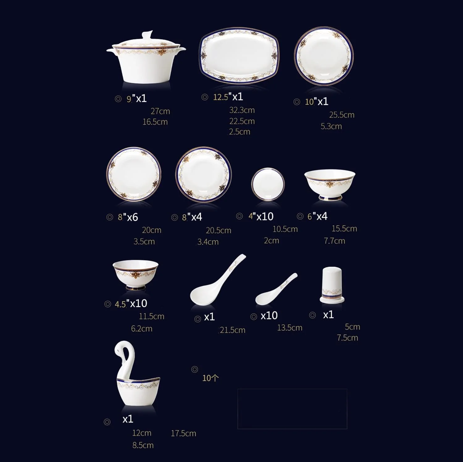 سرویس ظروف غذاخوری 60 پارچه آشپزخانه، ست بشقاب و کاسه چینی استخوانی به سبک مجلل درباری با جعبه هدیه، ست بشقاب سرامیکی قابل استفاده در مایکروویو برای هدیه عروسی