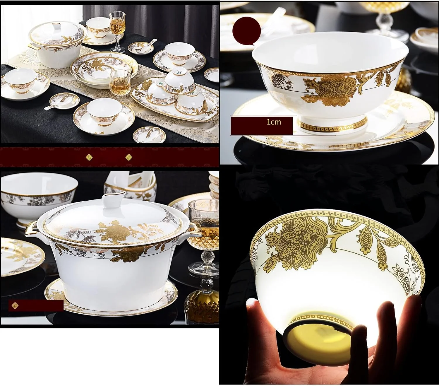 سرویس ظروف غذاخوری 58 پارچه، ست بشقاب و کاسه چینی استخوانی با تزئین طلایی به همراه جعبه هدیه، مناسب پذیرایی از مهمانی ها و رویدادها برای 10 نفر