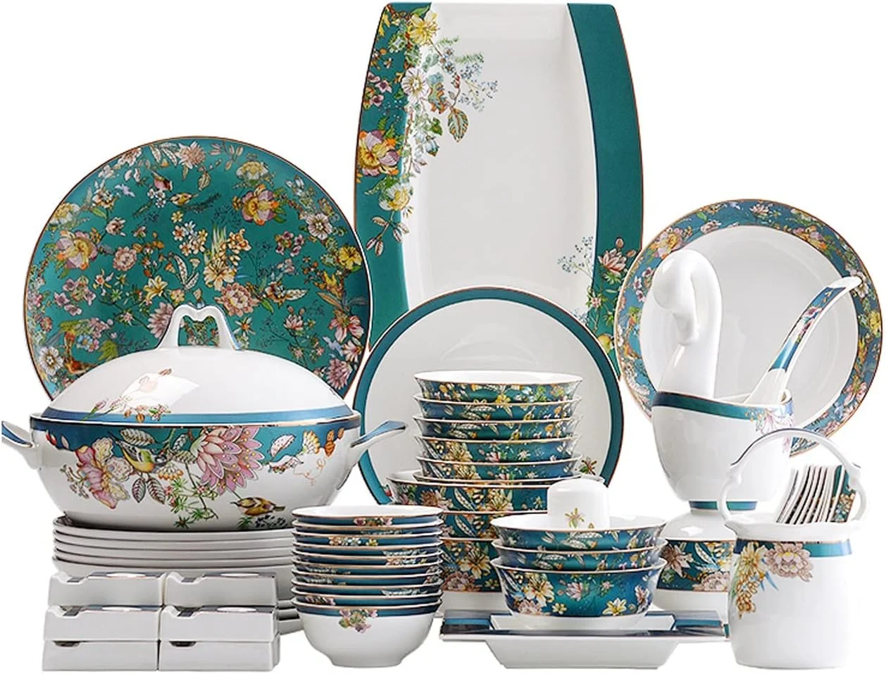 سرویس ظروف غذاخوری 60 پارچه آشپزخانه، تزئین گل و پرنده، ست بشقاب و کاسه چینی استخوانی، ظروف هدیه شیک و باکیفیت، قابل استفاده در مایکروویو و تمیز کردن آسان