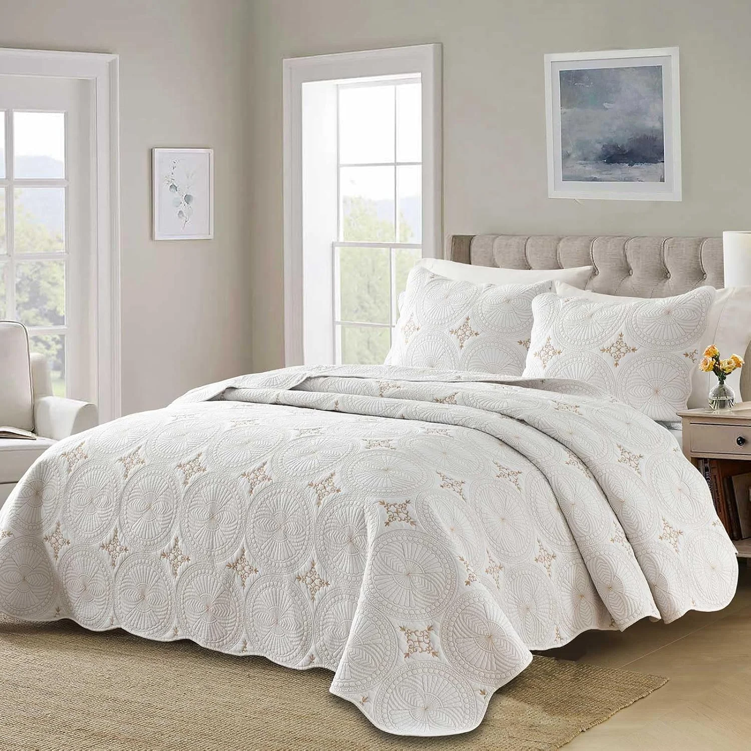 ست لحاف کالیفرنیا کینگ سایز Boryard - رو تختی نرم و گرم 100% پنبه ای برجسته (281x269 سانتی متر) به همراه 2 عدد روبالشی (51x91 سانتی متر) مناسب برای تمام فصول، سفید ست لحاف کالیفرنیا کینگ سایز Boryard - رو تختی نرم و گرم 100% پنبه ای برجسته (281x269 سانتی متر) به همراه 2 عدد روبالشی (51x91 سانتی متر) مناسب برای تمام فصول، سفید