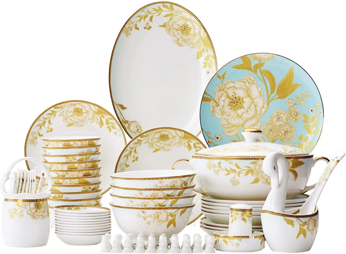 سرویس ظروف غذاخوری 60 پارچه آشپزخانه، ست بشقاب و کاسه چینی استخوانی لوکس و با کیفیت، قابل استفاده در مایکروویو، تزئین طلایی، بشقاب سرامیکی با قابلیت تمیز کردن آسان