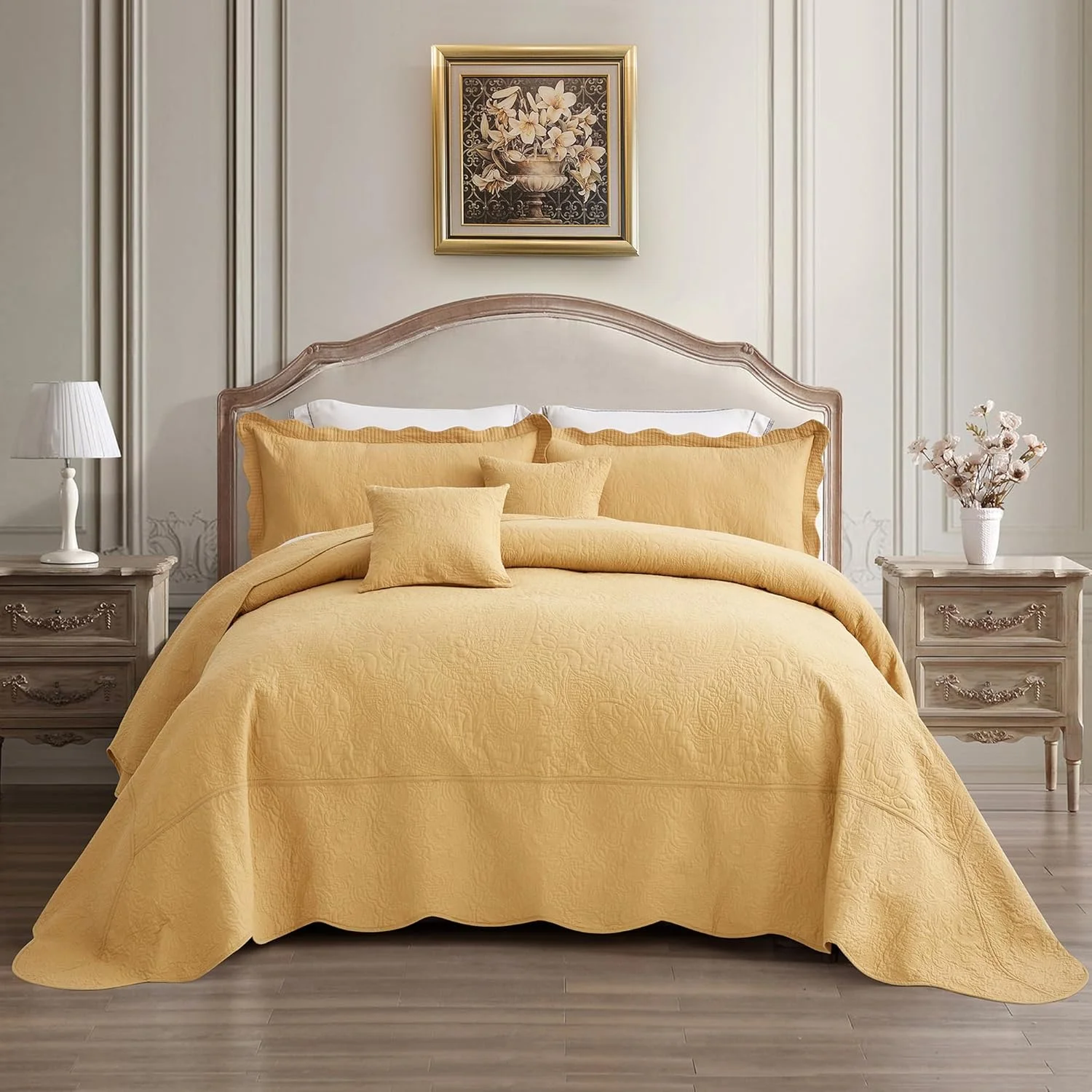 روتختی پنبه ای بزرگ کوئین Blythease، طرح بته جقه دو رو، روکش سبک وزن، ست 5 تکه - کوئین، طلایی عسلی