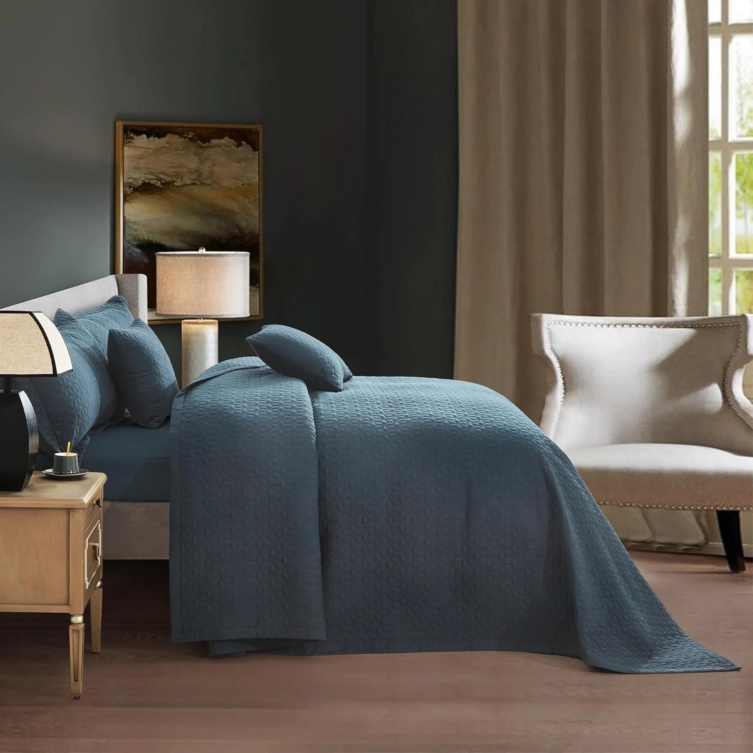 روتختی کینگ سایز بزرگ Blythease سرمه ای 325x305 فوق العاده عریض، طراحی مدرن و معاصر، روکش سبک وزن، دو رو، 5 تکه، 100% میکروفایبر، کینگ/کال کینگ، سرمه ای