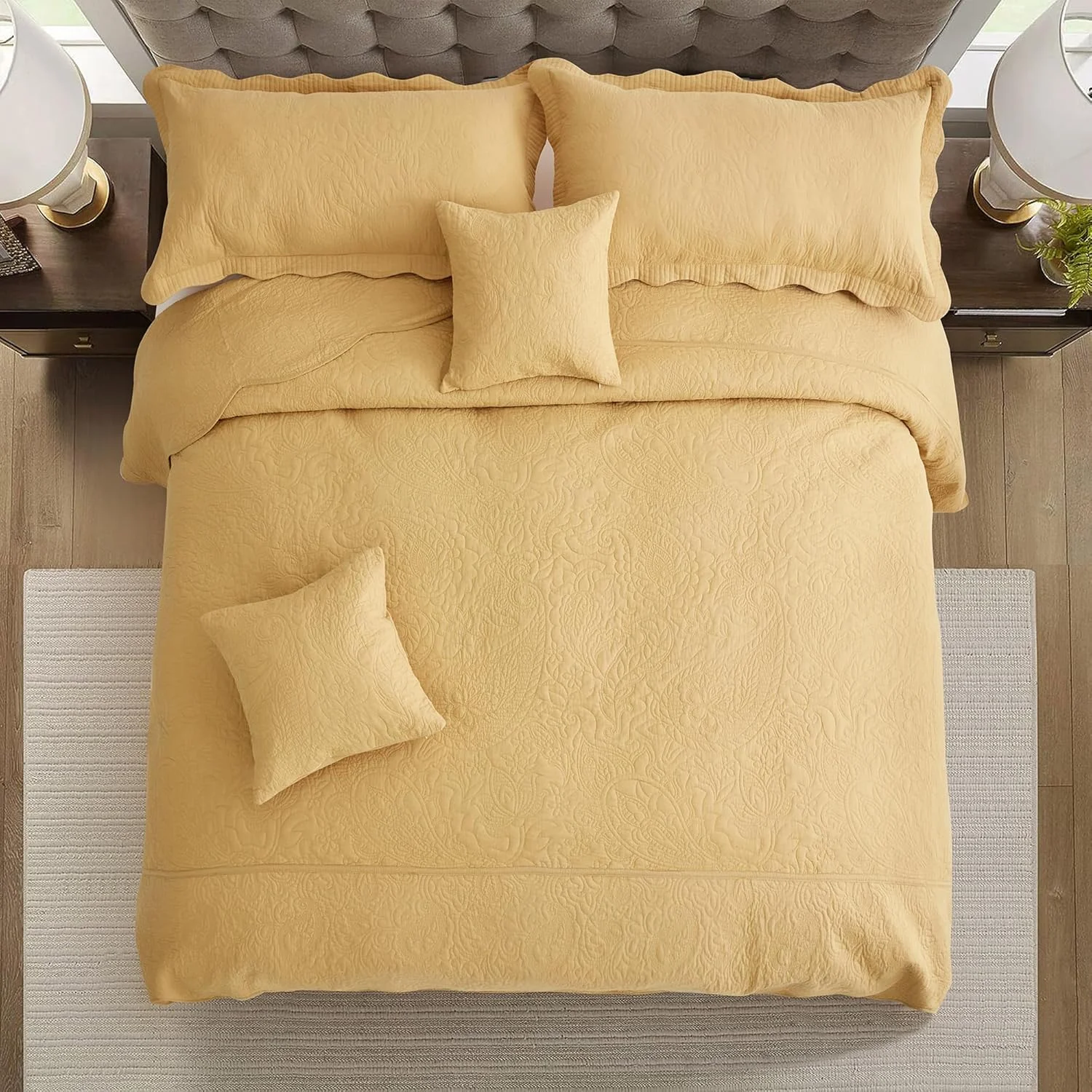 روتختی پنبه ای بزرگ کوئین Blythease، طرح بته جقه دو رو، روکش سبک وزن، ست 5 تکه - کوئین، طلایی عسلی روتختی پنبه ای بزرگ کوئین Blythease، طرح بته جقه دو رو، روکش سبک وزن، ست 5 تکه - کوئین، طلایی عسلی