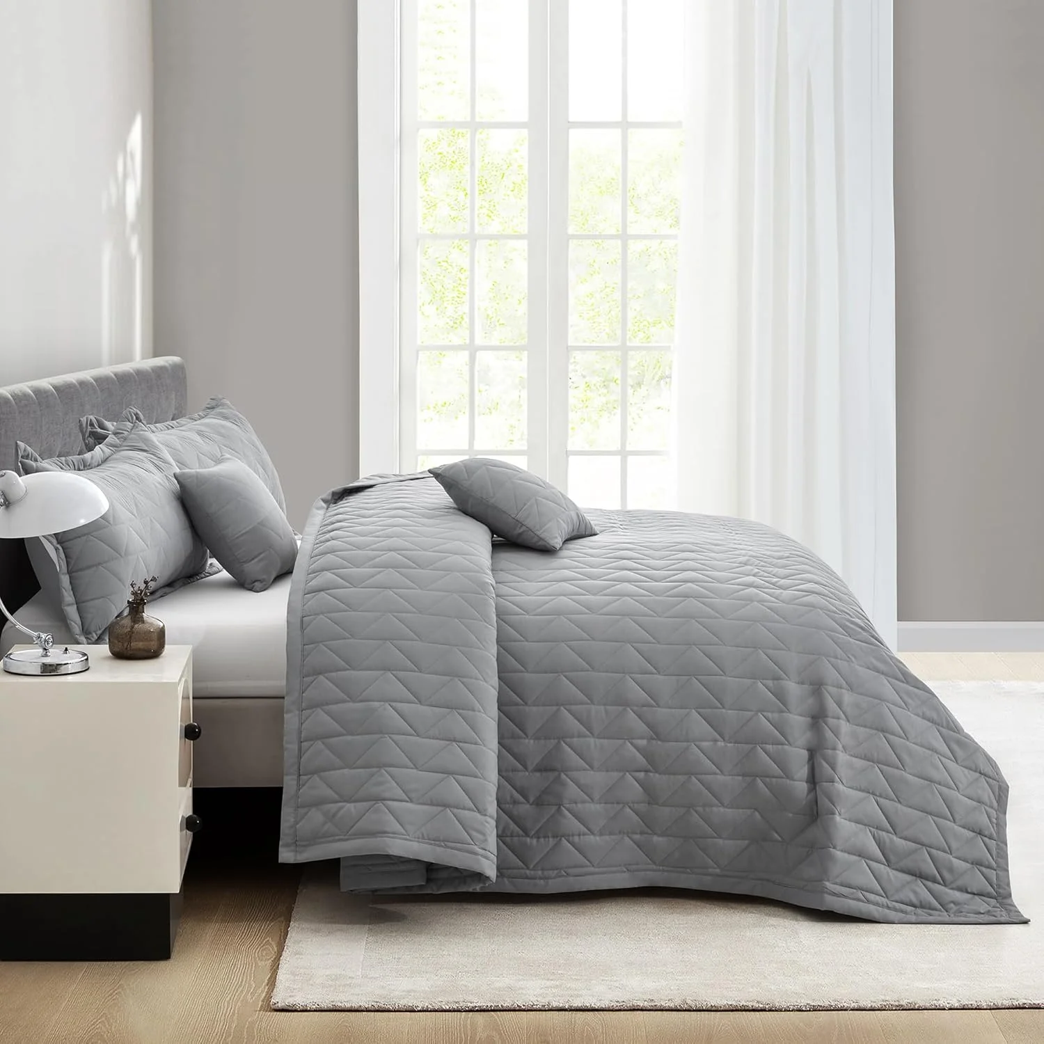 رو تختی بزرگ کینگ Blythease، طرح مدرن و معاصر، روکش سبک وزن، دو رو، ست 5 تکه، کینگ/کال کینگ، خاکستری