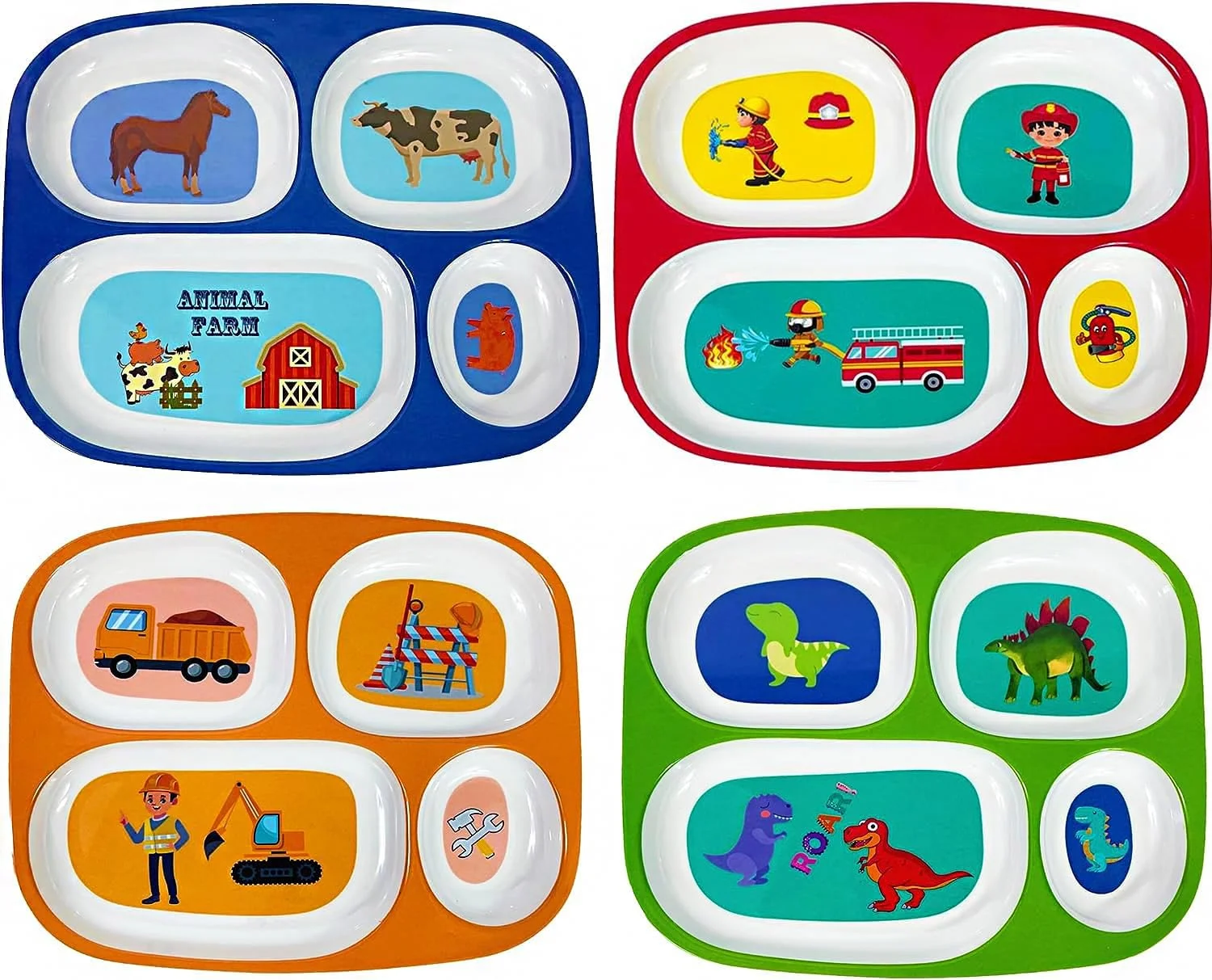 4E's Novelty 4 Melamine Dinner Plate for Kids Boys, Plastic Mealtime Divided Plates, Dinnerware Dishes Set For Picky Eaters, BPA Free, Construction, Dinosaur, Firefighter, Farm Animal