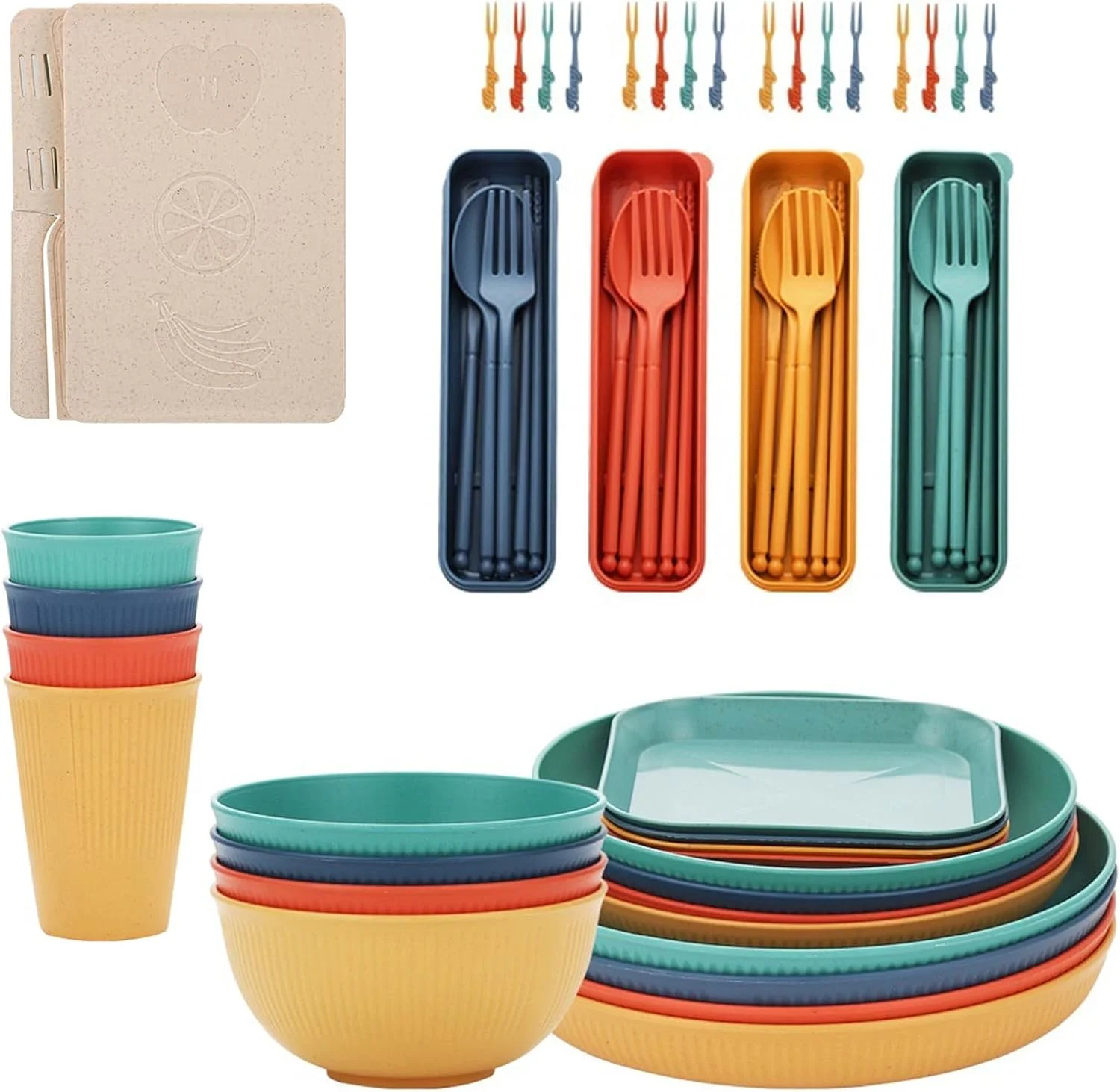 53-Piece Dinnerware Set, Unbreakable Plates and Bowls Sets, 4-Person Complete Kit with Plates,Bowls,Cups+Cutlery - Lightweight Plastic Picnic Tableware for BBQ,Outdoor,Travel (Colorful)