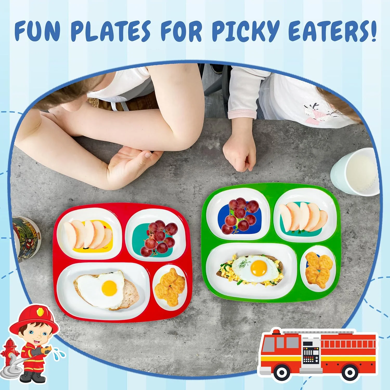 4E's Novelty 4 Melamine Dinner Plate for Kids Boys, Plastic Mealtime Divided Plates, Dinnerware Dishes Set For Picky Eaters, BPA Free, Construction, Dinosaur, Firefighter, Farm Animal 4E's Novelty 4 Melamine Dinner Plate for Kids Boys, Plastic Mealtime Divided Plates, Dinnerware Dishes Set For Picky Eaters, BPA Free, Construction, Dinosaur, Firefighter, Farm Animal