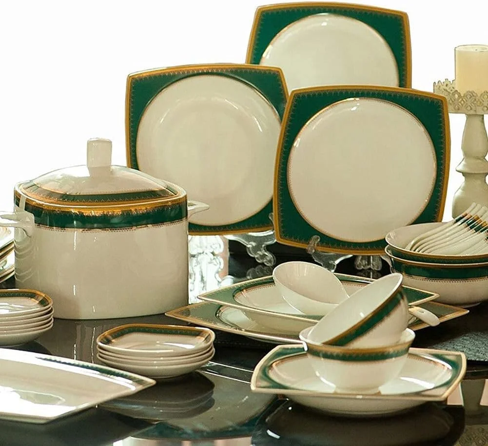 Dinner Plates Dinner Set 58-Piece Dinnerware Set Service for 10 European Court Style Classic White and Vintage Green for Casual or Formal Entertaining,