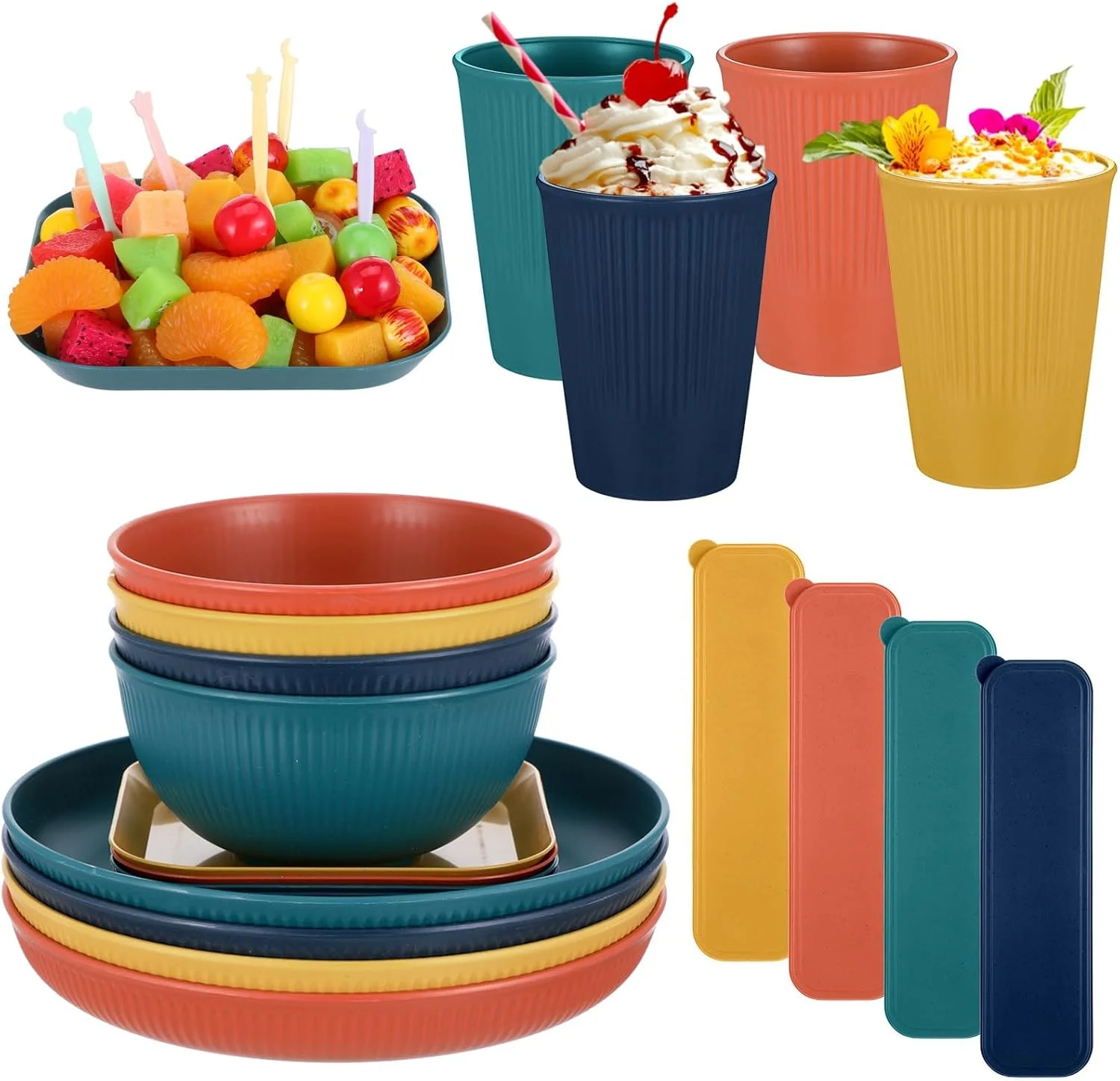 53-Piece Dinnerware Set, Unbreakable Plates and Bowls Sets, 4-Person Complete Kit with Plates,Bowls,Cups+Cutlery - Lightweight Plastic Picnic Tableware for BBQ,Outdoor,Travel (Colorful) 53-Piece Dinnerware Set, Unbreakable Plates and Bowls Sets, 4-Person Complete Kit with Plates,Bowls,Cups+Cutlery - Lightweight Plastic Picnic Tableware for BBQ,Outdoor,Travel (Colorful)