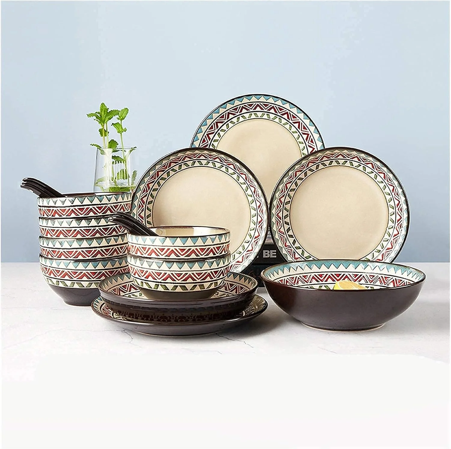ست ظروف دسرخوری 18 پارچه، ست ظروف غذاخوری آشپزخانه با طرح هندسی رترو، ست ظروف سرامیکی شیک، لعاب واکنش‌گرا، مناسب برای سرو 6 نفر، پیش‌غذا