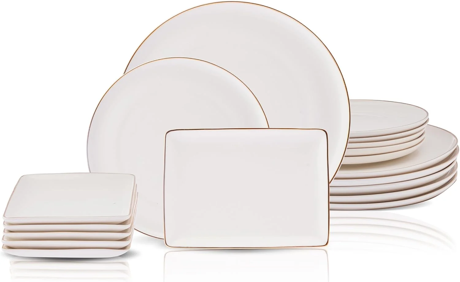 سرویس غذاخوری 18 پارچه چینی استخوانی نسل جدید کاراجا سانتو برای 6 نفر، شامل بشقاب غذاخوری، بشقاب پیش دستی، دیس سرو، سرویس ظروف، سفید طلایی