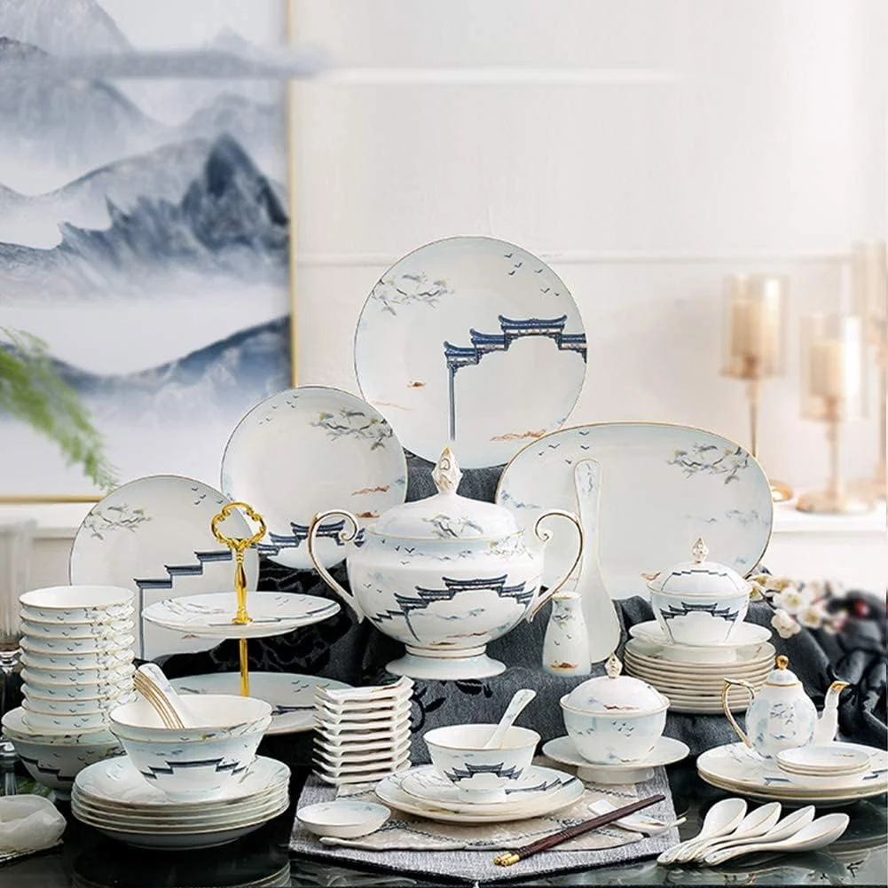 ست ظروف غذاخوری 18 پارچه سنگی، ست ظروف غذاخوری چینی سفید با طرح جوهر، ست بشقاب و کاسه سرامیکی، مناسب برای آشپزخانه/غذاخوری