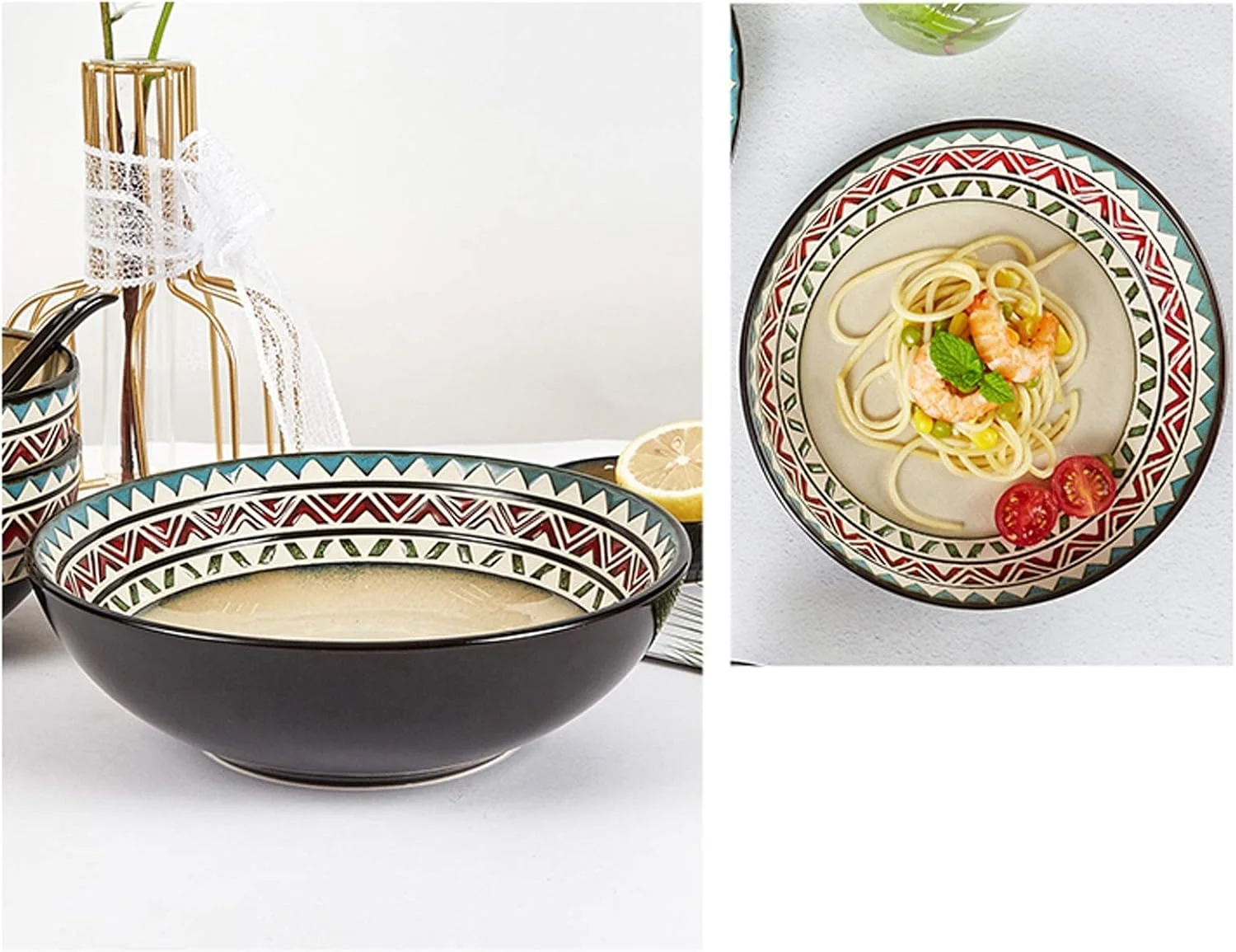 ست ظروف غذاخوری 18 پارچه طرح هندسی رترو، ست ظروف سرامیکی شیک با لعاب واکنش‌گرا، مناسب برای 6 نفر