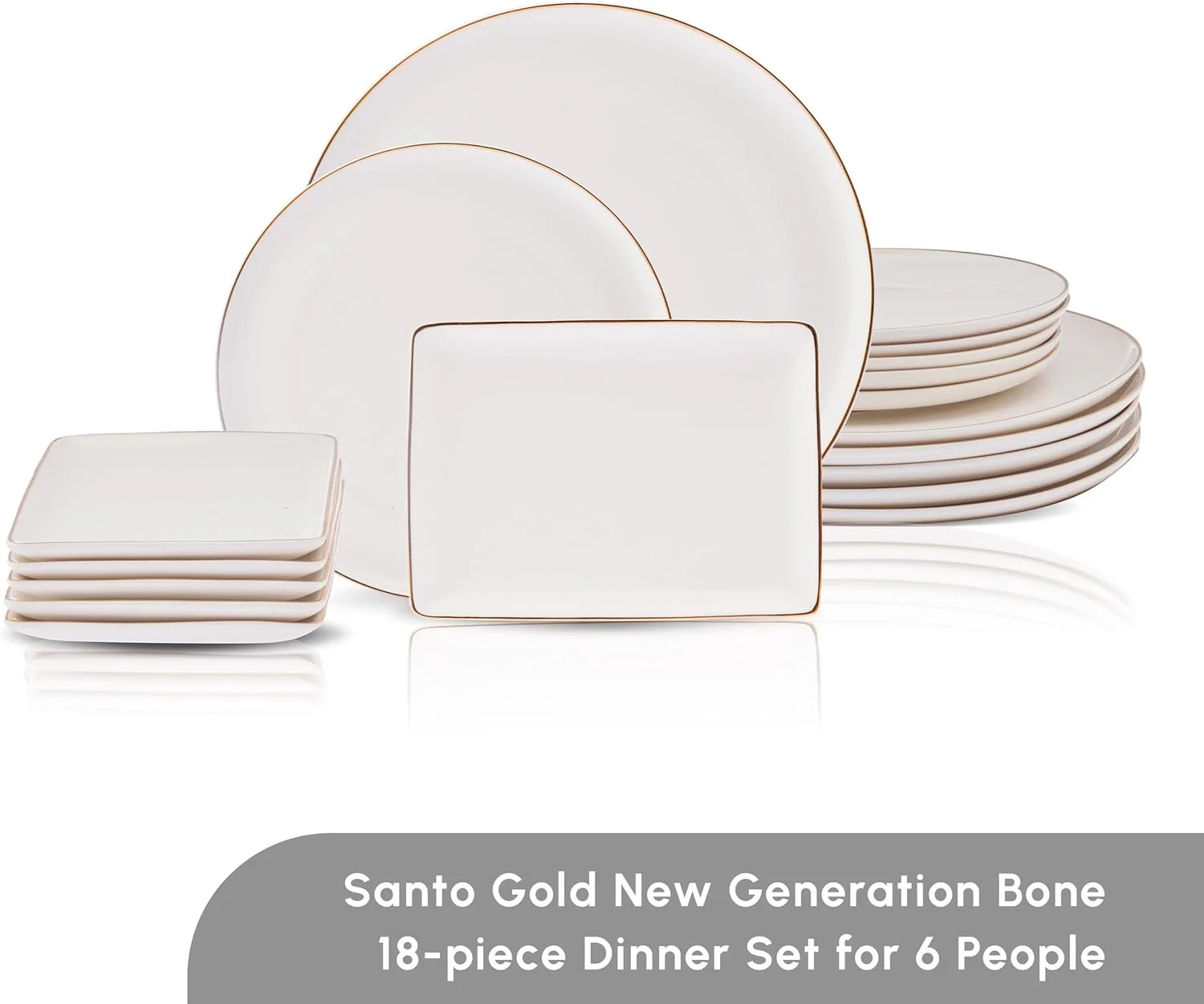 سرویس غذاخوری 18 پارچه چینی استخوانی نسل جدید کاراجا سانتو برای 6 نفر، شامل بشقاب غذاخوری، بشقاب پیش دستی، دیس سرو، سرویس ظروف، سفید طلایی