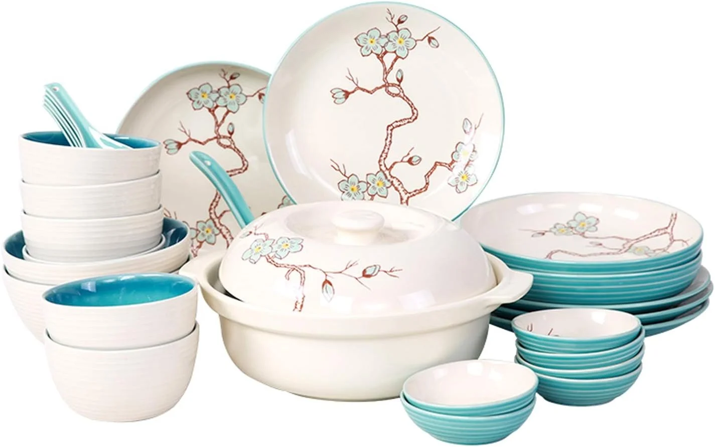ست ظروف غذاخوری 28 پارچه آشپزخانه، ست بشقاب های سرامیکی خانگی، ظروف طرح آلوچه خلاقانه، مناسب برای 6 نفر