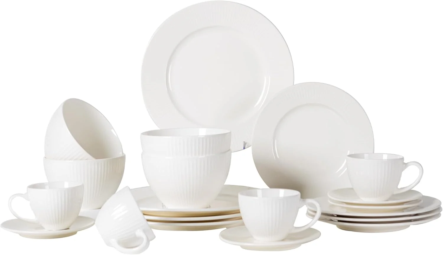 سرویس غذاخوری و قهوه خوری سرامیکی سفید 20 پارچه – بشقاب های 10.5 اینچی و 8 اینچی، نعلبکی قهوه 6 اینچی، کاسه های 6 اینچی، فنجان های 7.3 اونسی – مناسب برای مایکروویو، ماشین ظرفشویی، فر – طراحی مینیمالیستی شیک برای غذاخوری