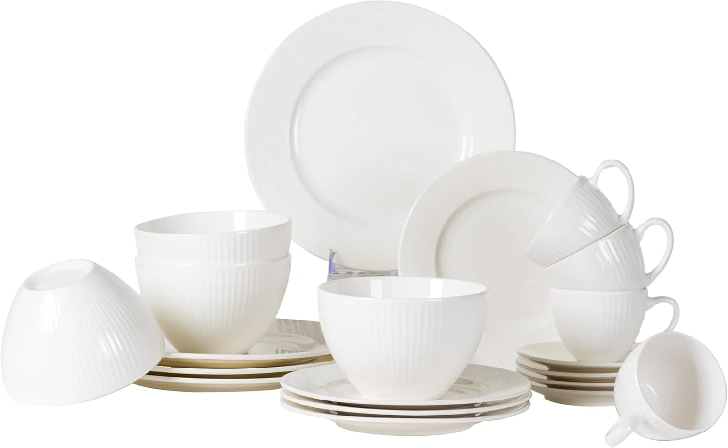 سرویس غذاخوری و قهوه خوری سرامیکی سفید 20 پارچه – بشقاب های 10.5 اینچی و 8 اینچی، نعلبکی قهوه 6 اینچی، کاسه های 6 اینچی، فنجان های 7.3 اونسی – مناسب برای مایکروویو، ماشین ظرفشویی، فر – طراحی مینیمالیستی شیک برای غذاخوری
