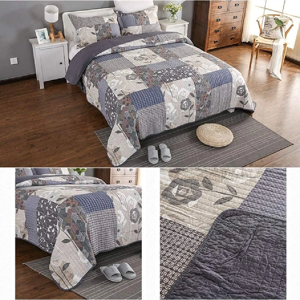 روتختی طرح قدیمی سه تکه، لحاف تکه دوزی شیک، رو تختی بزرگ مبل، روتختی پنبه ای پلی استر دو طرفه با روبالشی، -269*259 سانتی متر + 90*50 سانتی متر * 2