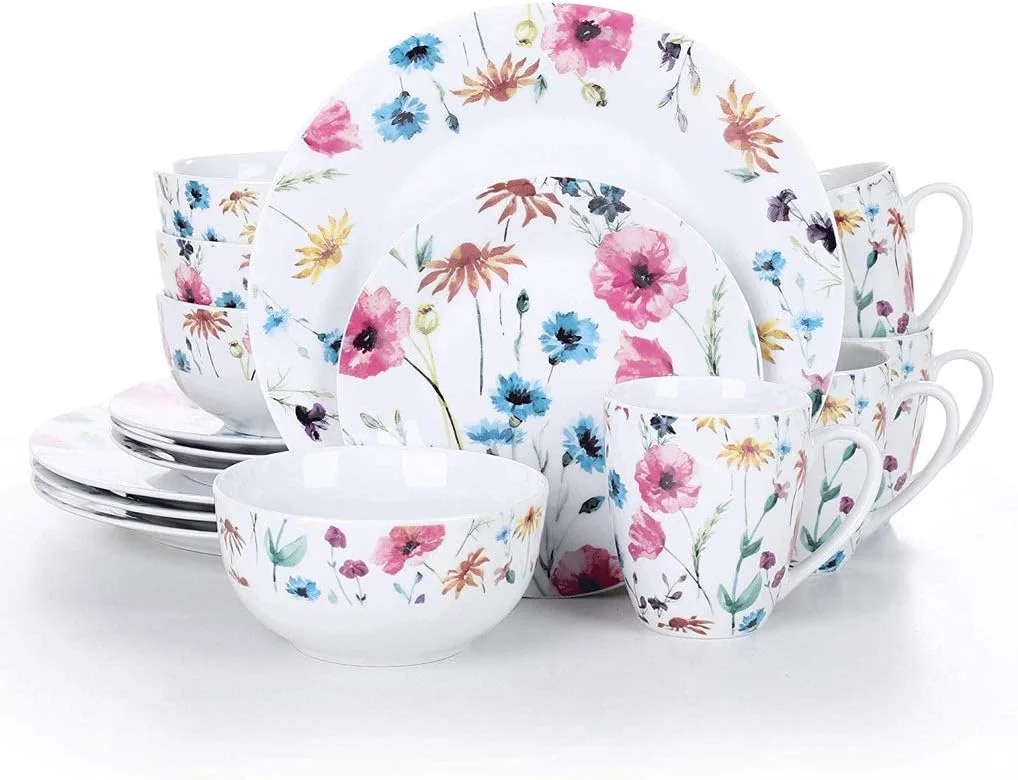 سرویس غذاخوری 16 پارچه چینی شامل 4 بشقاب غذاخوری، بشقاب دسر، کاسه غلات و لیوان 380 میلی لیتری