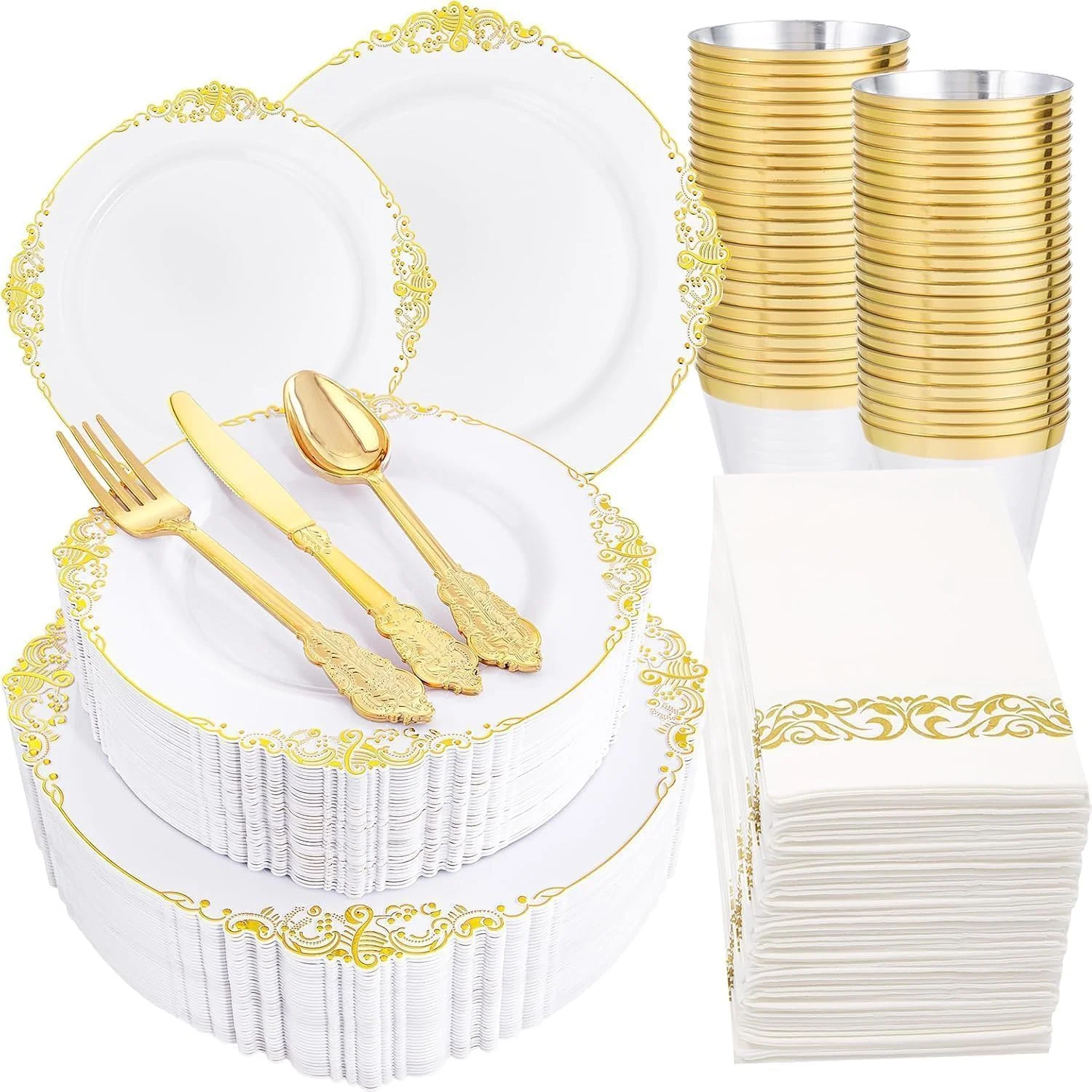 ست ظروف یکبار مصرف 175 پارچه طلایی سفید – مناسب برای 25 مهمان – شامل بشقاب، فنجان، دستمال سفره، چنگال، قاشق، چاقو – ظروف غذاخوری یکبار مصرف با حاشیه طلایی برای عروسی، تولد، جشن نوزاد، مراسم