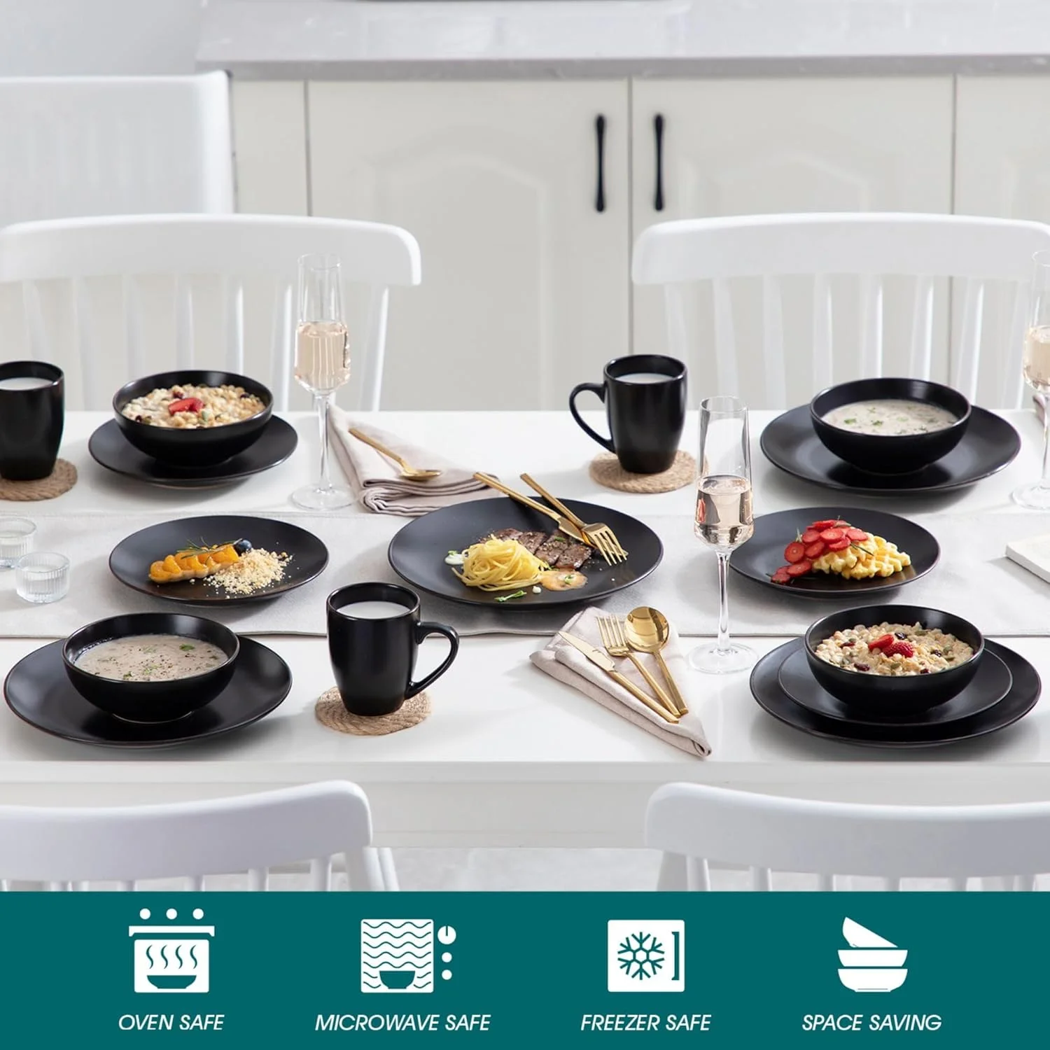 سرویس غذاخوری 16 پارچه سنگی، ست مشکی مات، مناسب برای 4 نفر سرویس غذاخوری 16 پارچه سنگی، ست مشکی مات، مناسب برای 4 نفر