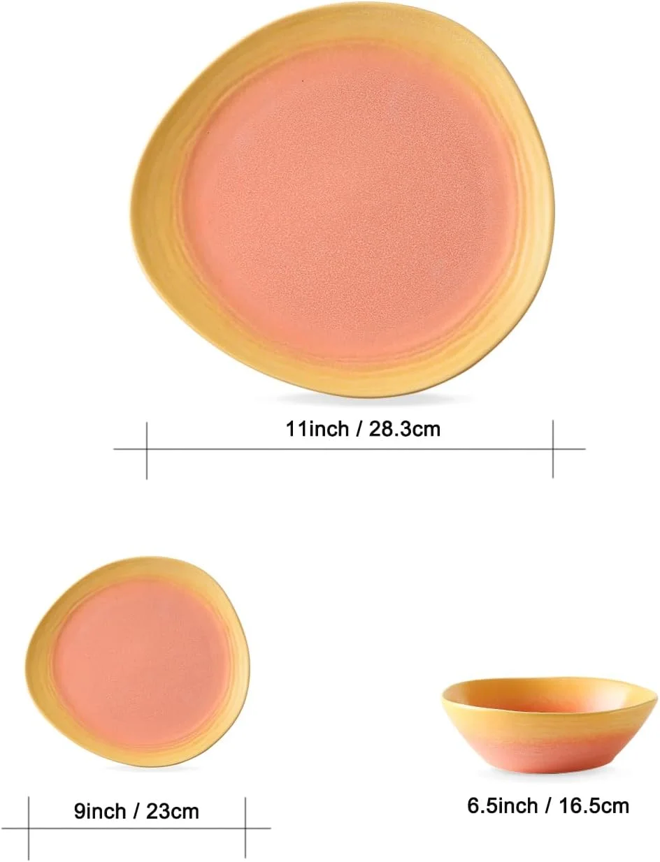 سرویس غذاخوری 12 پارچه گرادیان نارنجی V A V. مناسب برای 4 نفر شامل: 4 عدد بشقاب غذاخوری 28.3 سانتیمتری / 11 اینچی، 4 عدد بشقاب پیشدستی 23 سانتیمتری / 9 اینچی، 4 عدد کاسه 16.5 سانتیمتری / 6.5 اینچی. سرویس غذاخوری 12 پارچه گرادیان نارنجی V A V. مناسب برای 4 نفر شامل: 4 عدد بشقاب غذاخوری 28.3 سانتیمتری / 11 اینچی، 4 عدد بشقاب پیشدستی 23 سانتیمتری / 9 اینچی، 4 عدد کاسه 16.5 سانتیمتری / 6.5 اینچی.