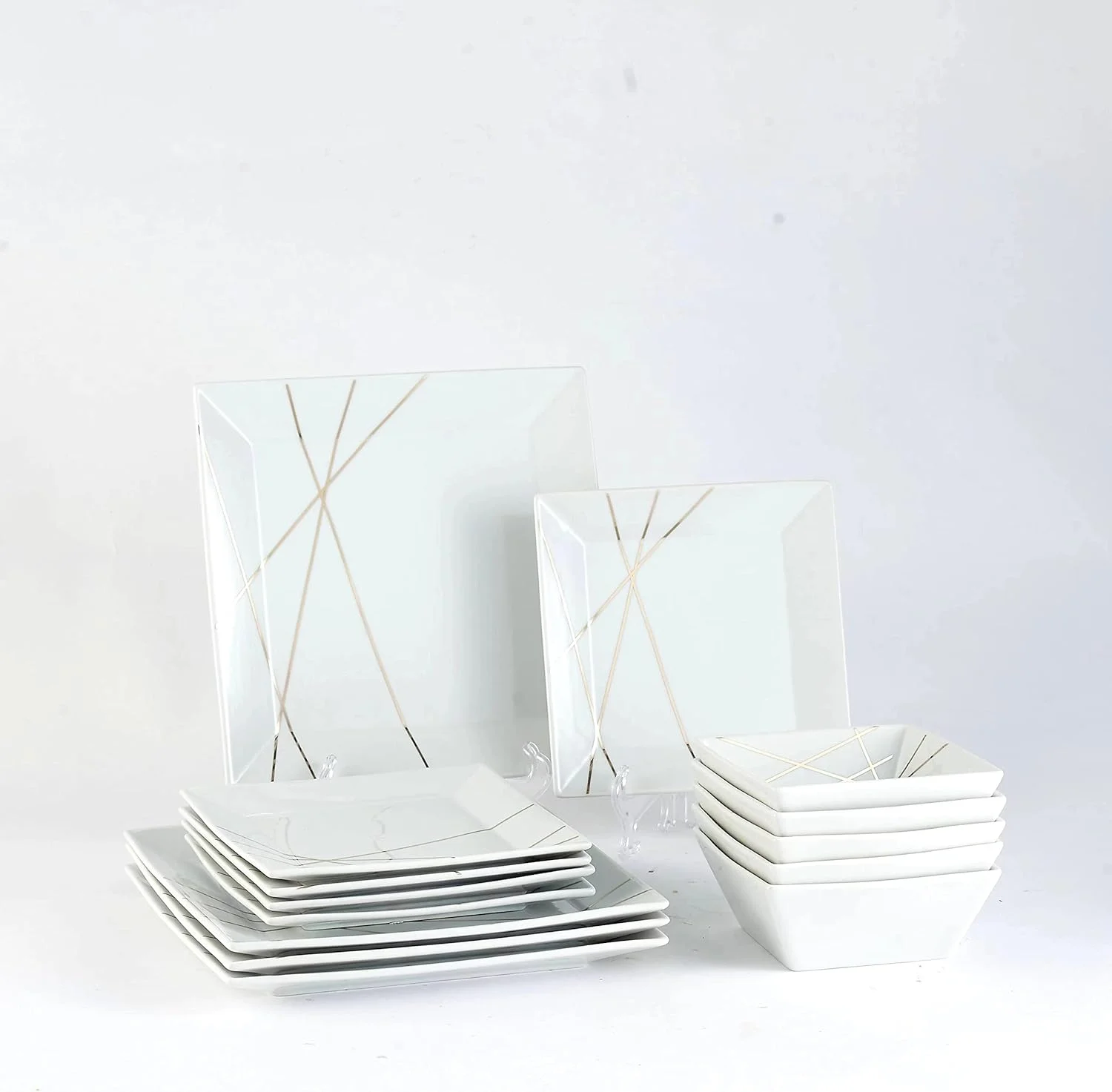 سرویس غذاخوری 12 پارچه DOMINI، مناسب برای 4 نفر، ظروف چینی، سرویس غذاخوری مربع با بشقاب غذاخوری، بشقاب دسر و کاسه پاستا، خط طلایی سفید