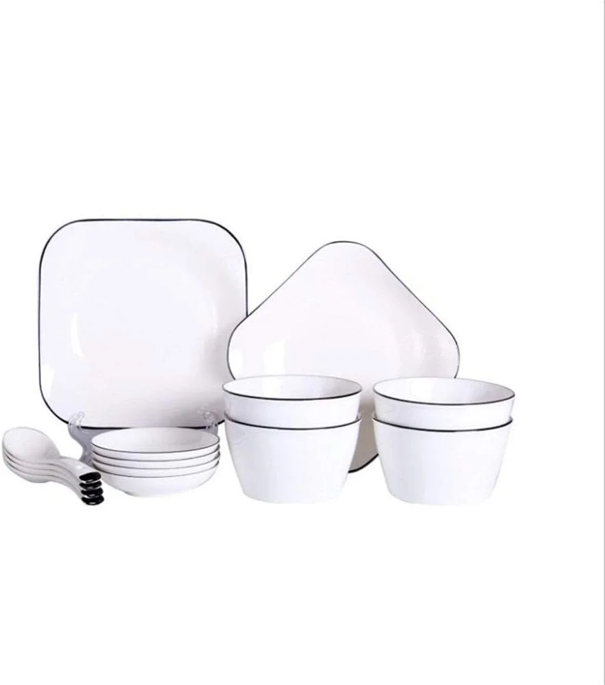 سرویس غذاخوری ۱۴ پارچه برای ۴ نفر، مجموعه ظروف آشپزخانه سرامیکی شامل کاسه، بشقاب و قاشق، هدیه ای سفید رنگ برای دورهمی های خانوادگی