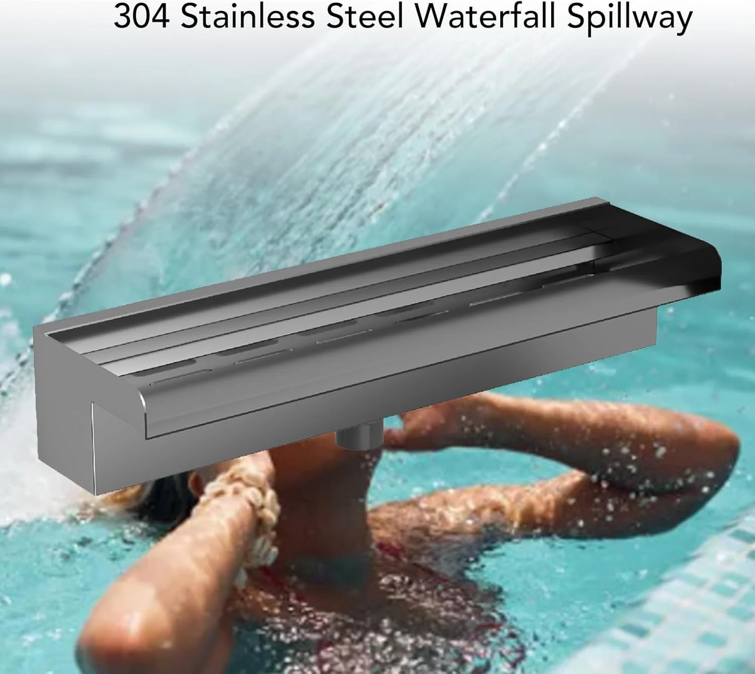 آبشار استخری از جنس استیل ضد زنگ 304، فواره حیاط، خروجی آب برای استخر شنا در فضای باز، طراحی با دهانه بالایی و خروجی آب پهن