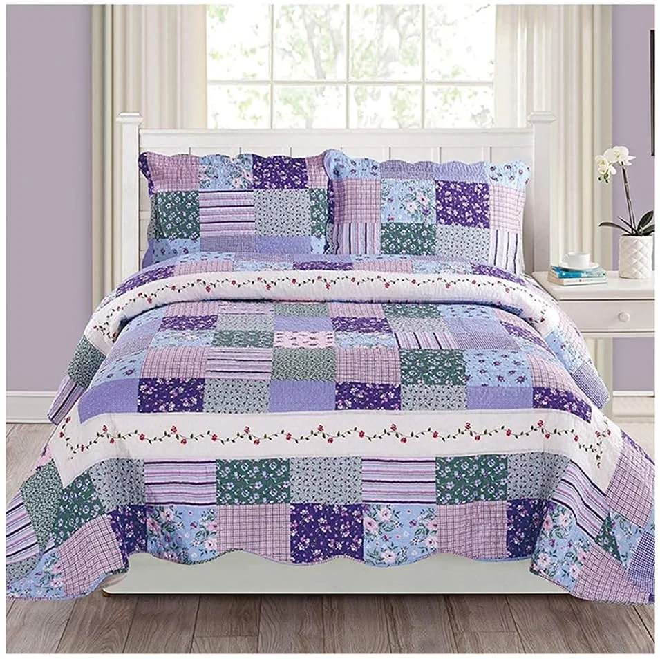 روتختی کینگ سایز طرح دار 230 در 250 سانتی متر، پنبه ای، طرح گل آمریکایی، روتختی و رولحافی دو رو، ست 3 تکه لحاف نرم با 2 عدد روبالشی