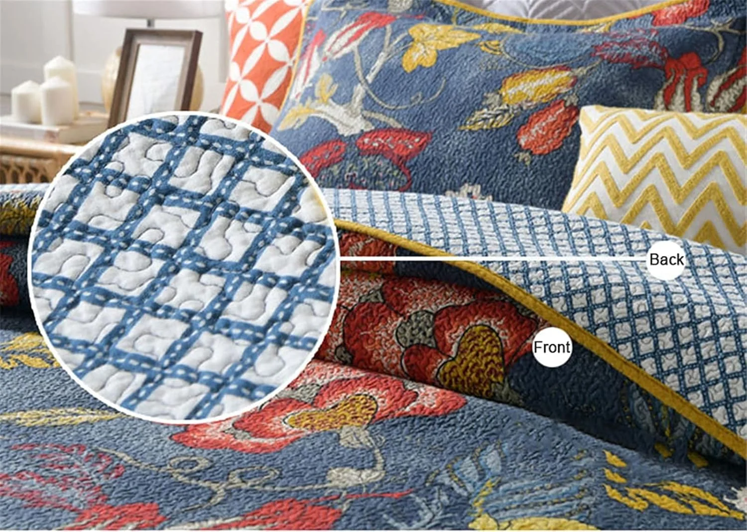 روتختی لحاف دار آبی 3 تکه پنبه ای دو رو طرح قرمز وینتیج سایز کینگ 230x250 سانتی متر به همراه 2 روبالشی 50x70 سانتی متر