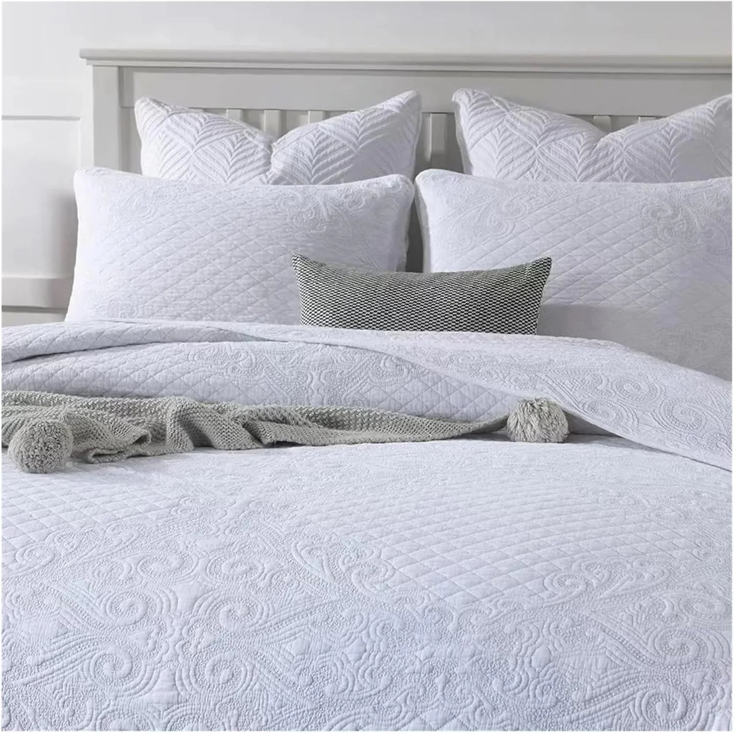 روتختی پنبه ای لوکس 3 تکه طرح چهارخانه، روکش لحاف تخت خواب دو نفره و روانداز تابستانی، روکش تشک، ست خواب لوکس (Bianco 3pcs 250cmx270cm)