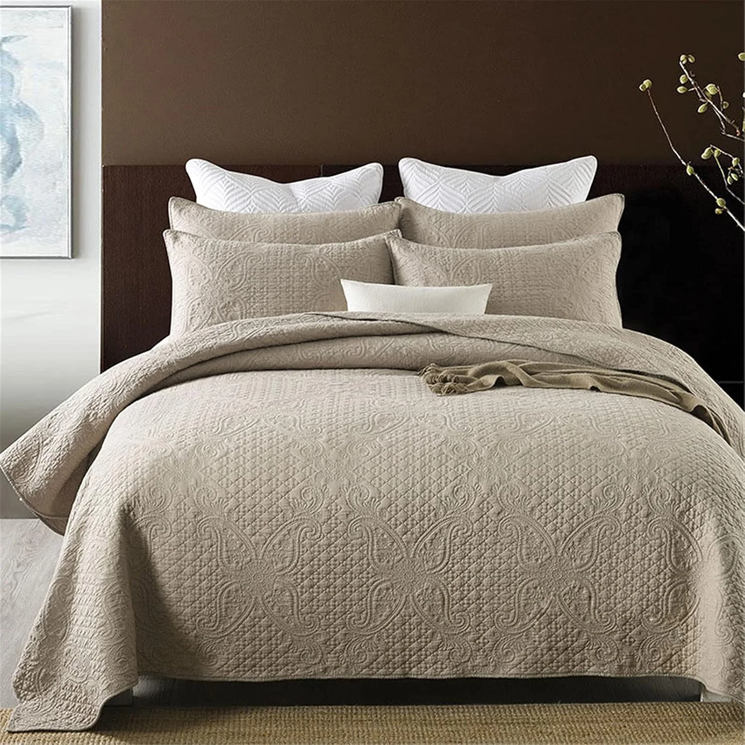 روتختی کینگ 230x250 سانتی متر + 2 روبالشتی برای دکور اتاق خواب، رو تختی دو طرفه با طرح پروانه، لحاف برجسته با روکش مات قهوه ای (سفید) (قهوه ای)