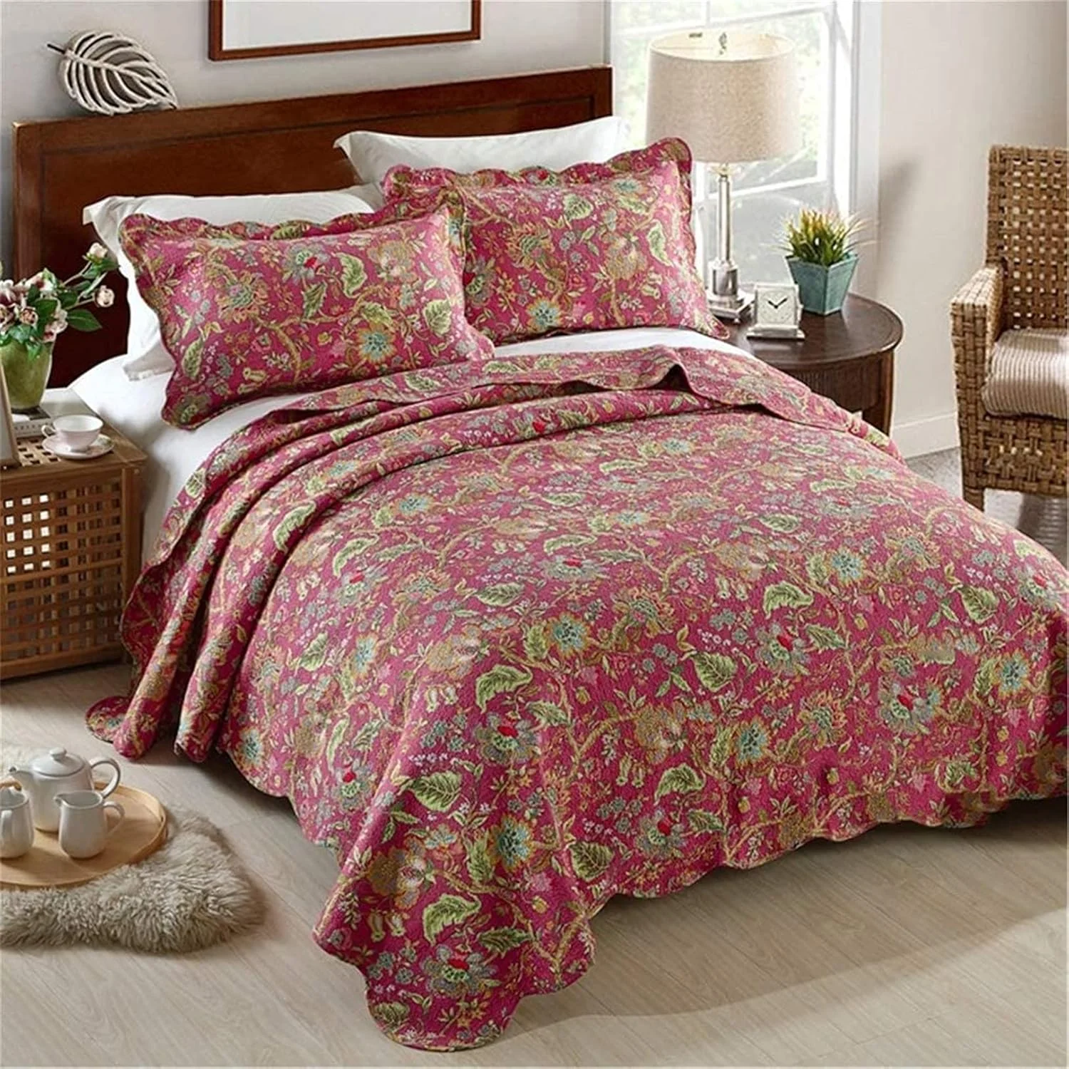 روتختی سه تکه کینگ سایز 230X250cm با طرح گلدوزی ظریف و زیبا، لحاف روتختی، روکش تخت خواب پلی استر فوق العاده نرم، ست روتختی به همراه 2 روبالشتی، D