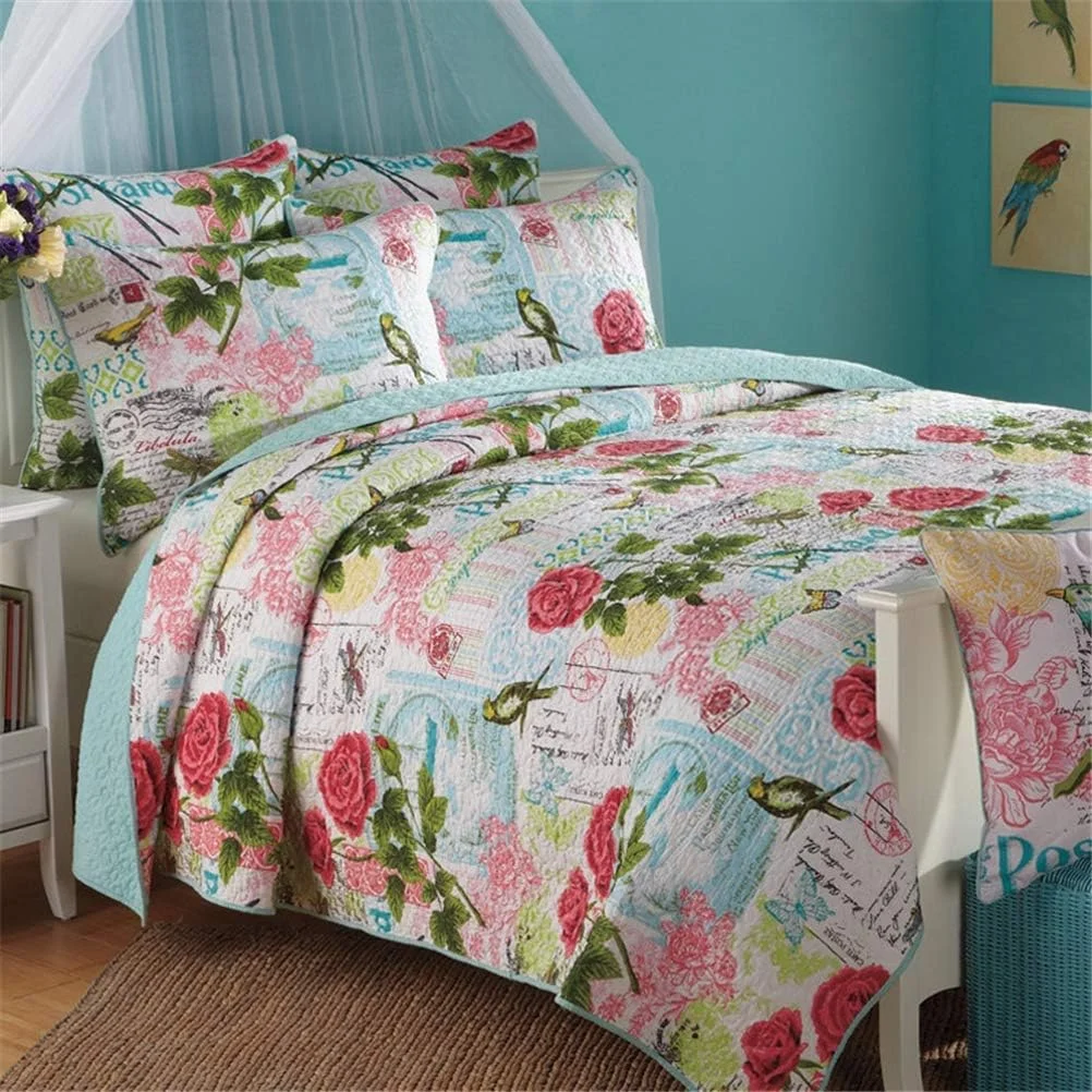 روتختی لحافی دو نفره سایز سوپر کینگ آبی رنگ 230x250 سانتی متر پنبه ای طرح پرنده و گل لحاف تکه دوزی شده روتختی روانداز تخت پتو با روبالشتی 3 تکه ست رختخواب