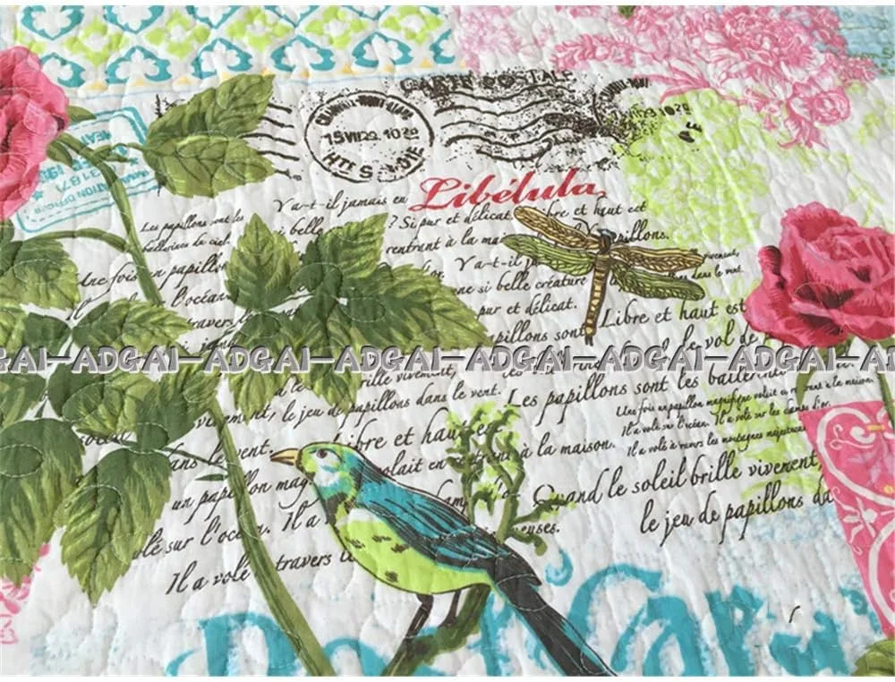 روتختی لحافی دو نفره سایز سوپر کینگ آبی رنگ 230x250 سانتی متر پنبه ای طرح پرنده و گل لحاف تکه دوزی شده روتختی روانداز تخت پتو با روبالشتی 3 تکه ست رختخواب